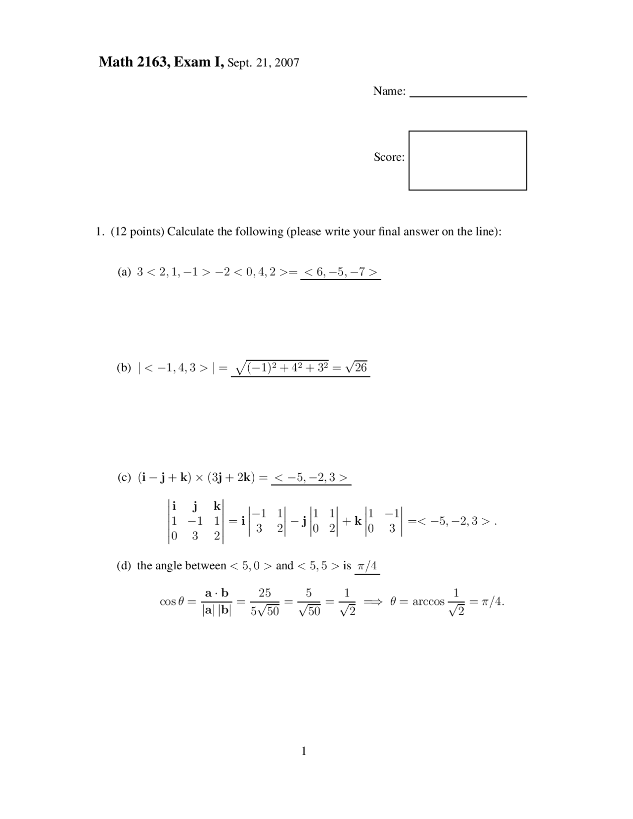 Practice Problems on Calculus III with Solution Key | MATH 2163 - Docsity