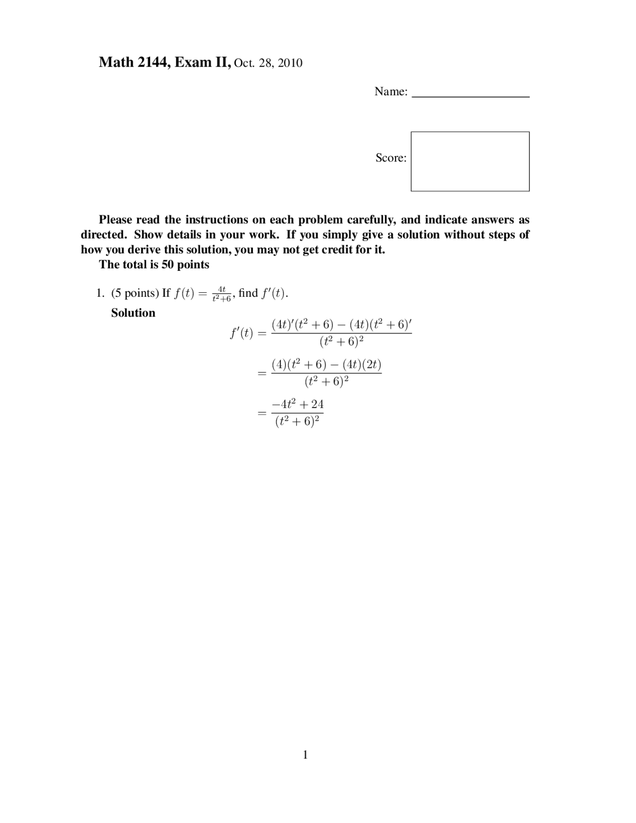 Exam 2 with Solutions | Calculus I | MATH 2144 | Exams Calculus | Docsity