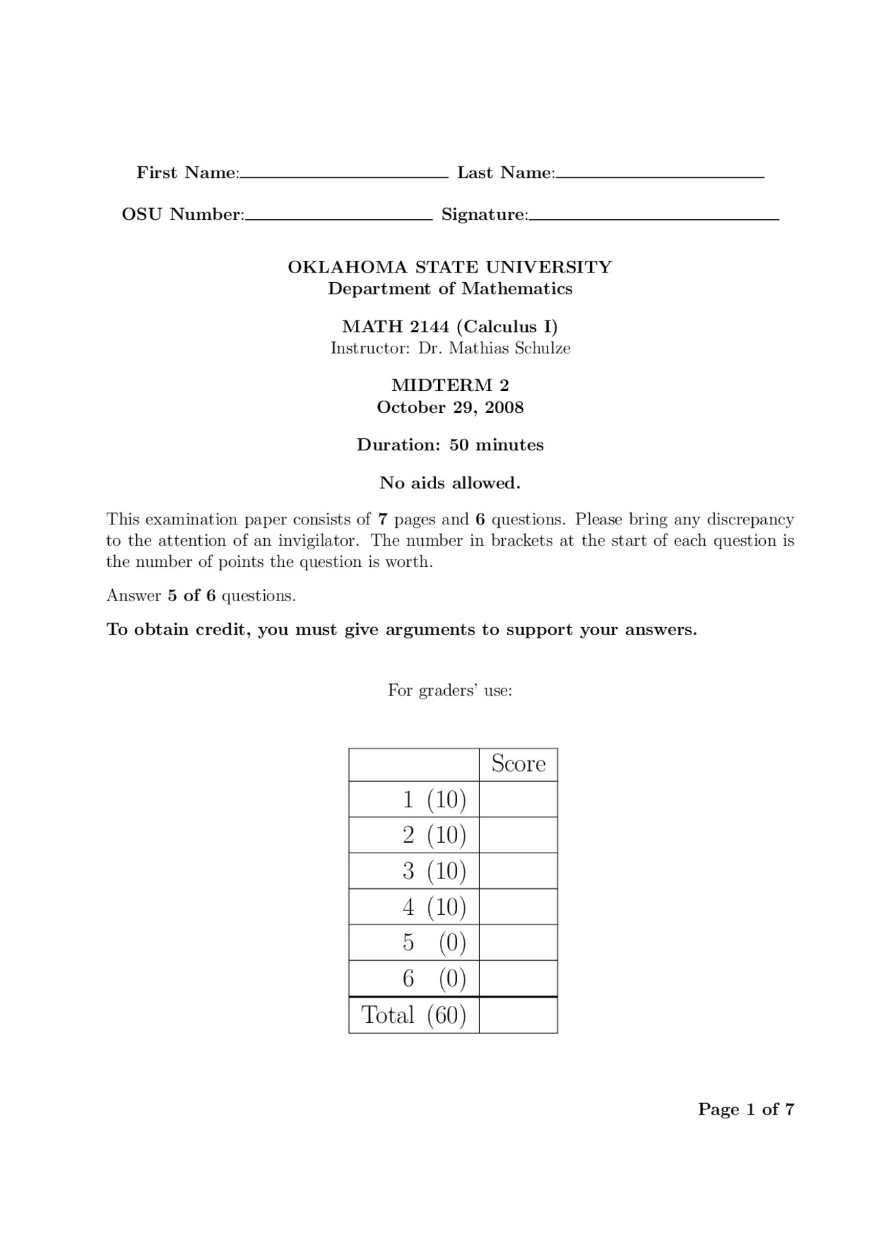 Midterm Exam 2 with Solution on Calculus 1 | MATH 2144 - Docsity