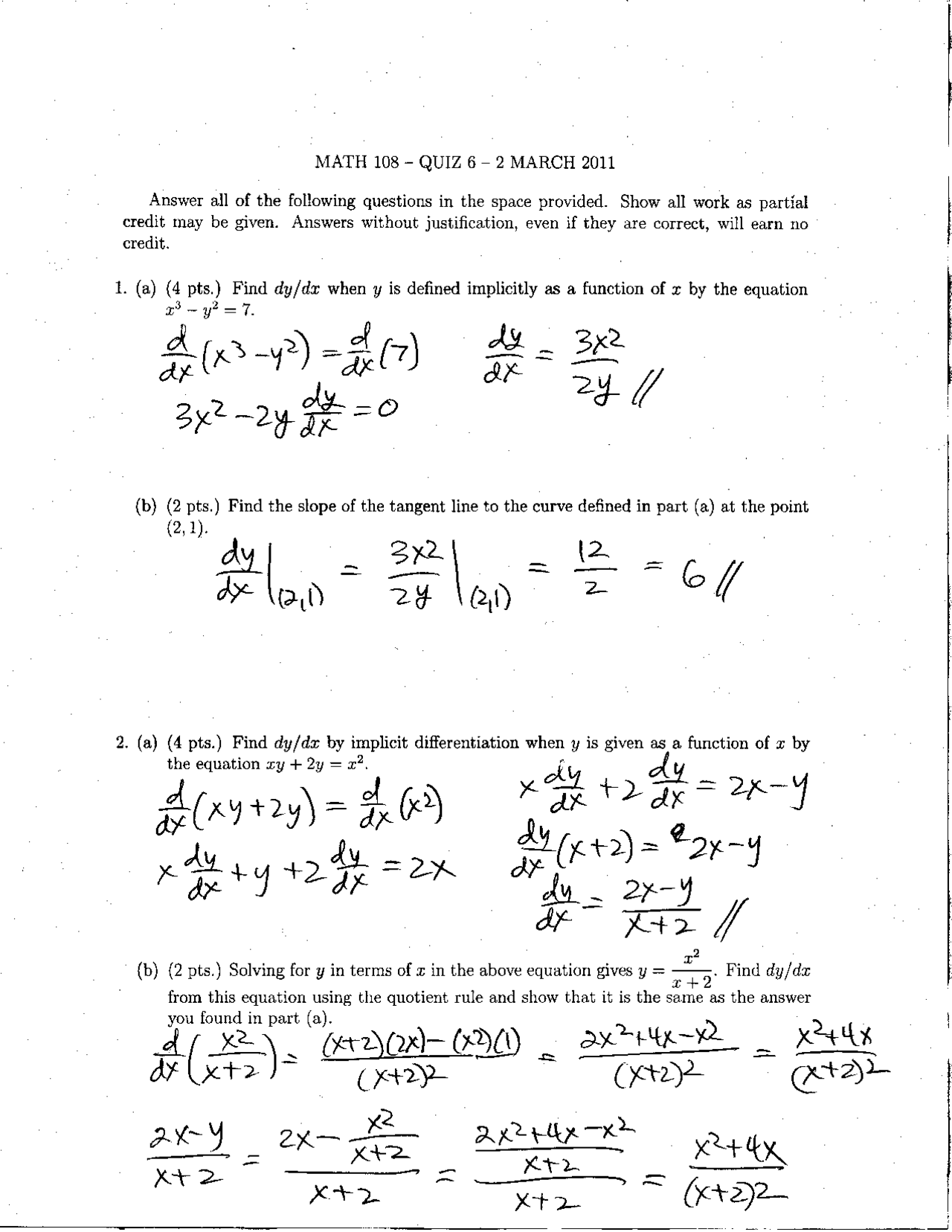 MATH 108 Quiz 6 - Implicit Differentiation and Tangent Lines - Prof ...