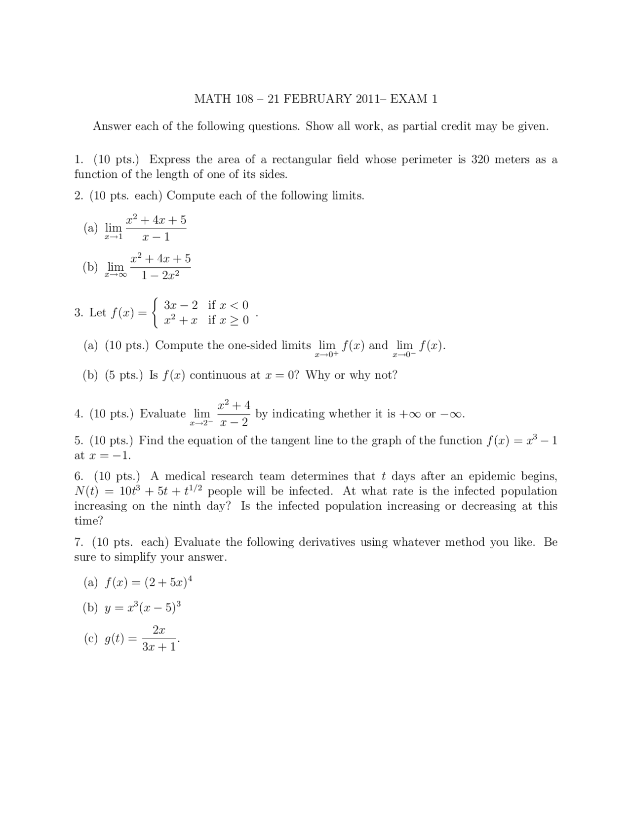 7 Problems on Introduction to Calculus: Business Applications - Exam 1 ...