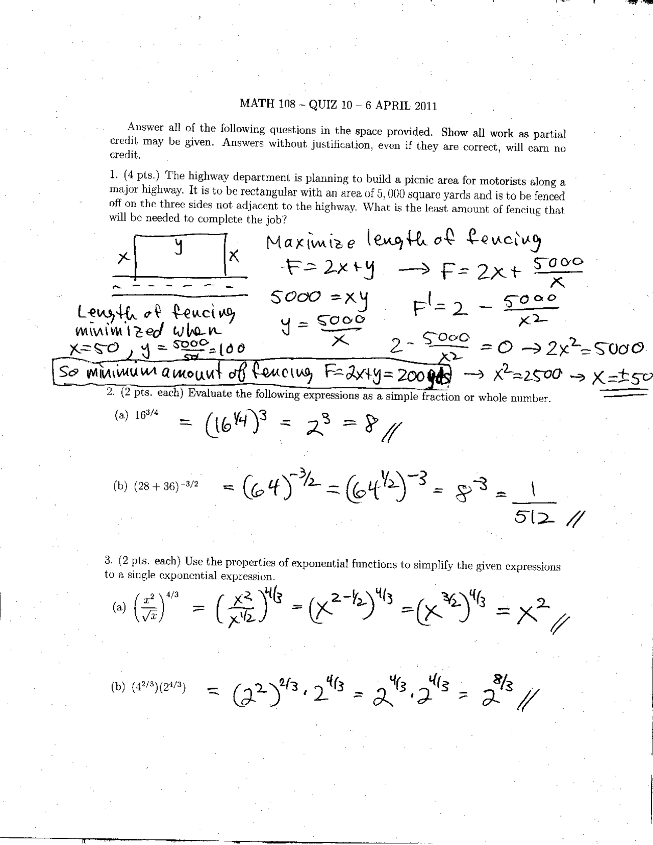 Introductory Calculus Example Questions Solution to Quiz 10 - Introductory Calculus with Business Applications ...