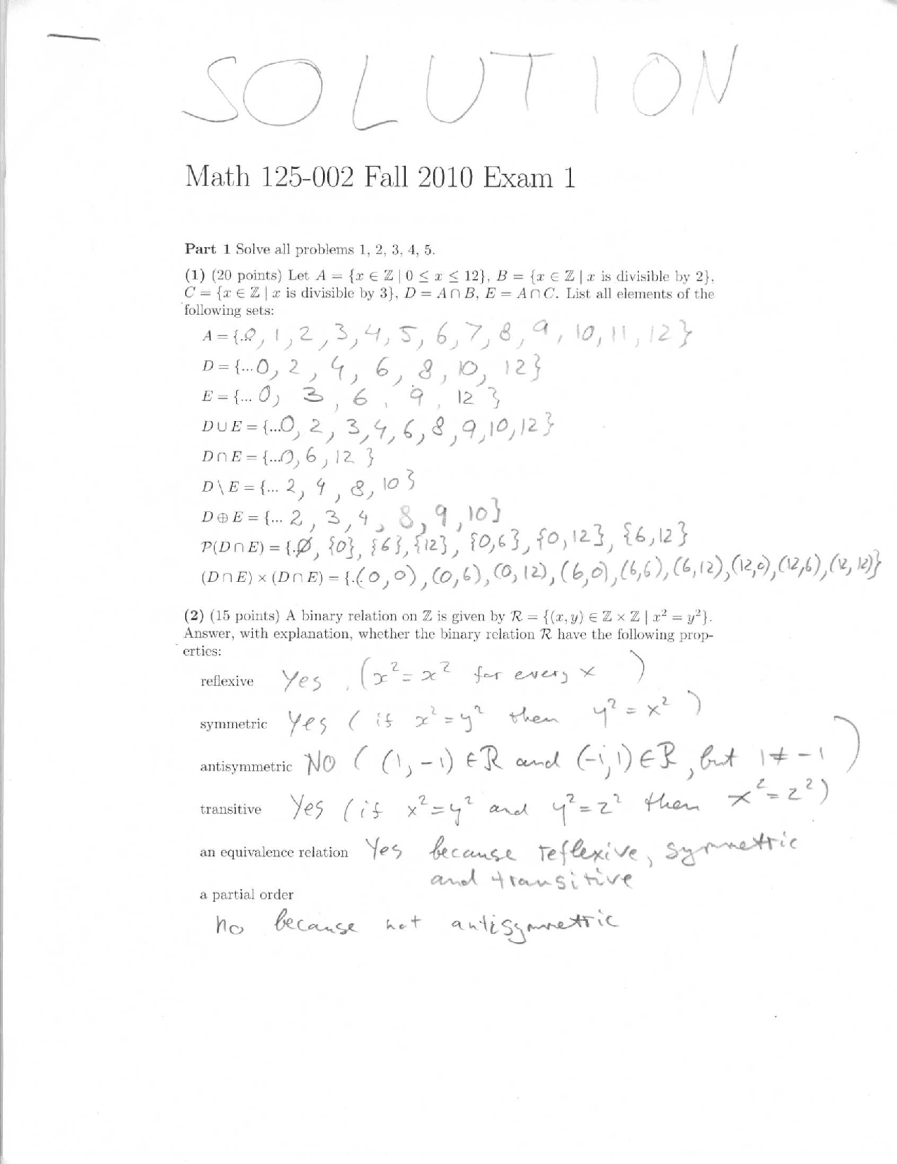 Discrete Mathematics I - Old Exam 1 with Resolution | MATH 125 - Docsity