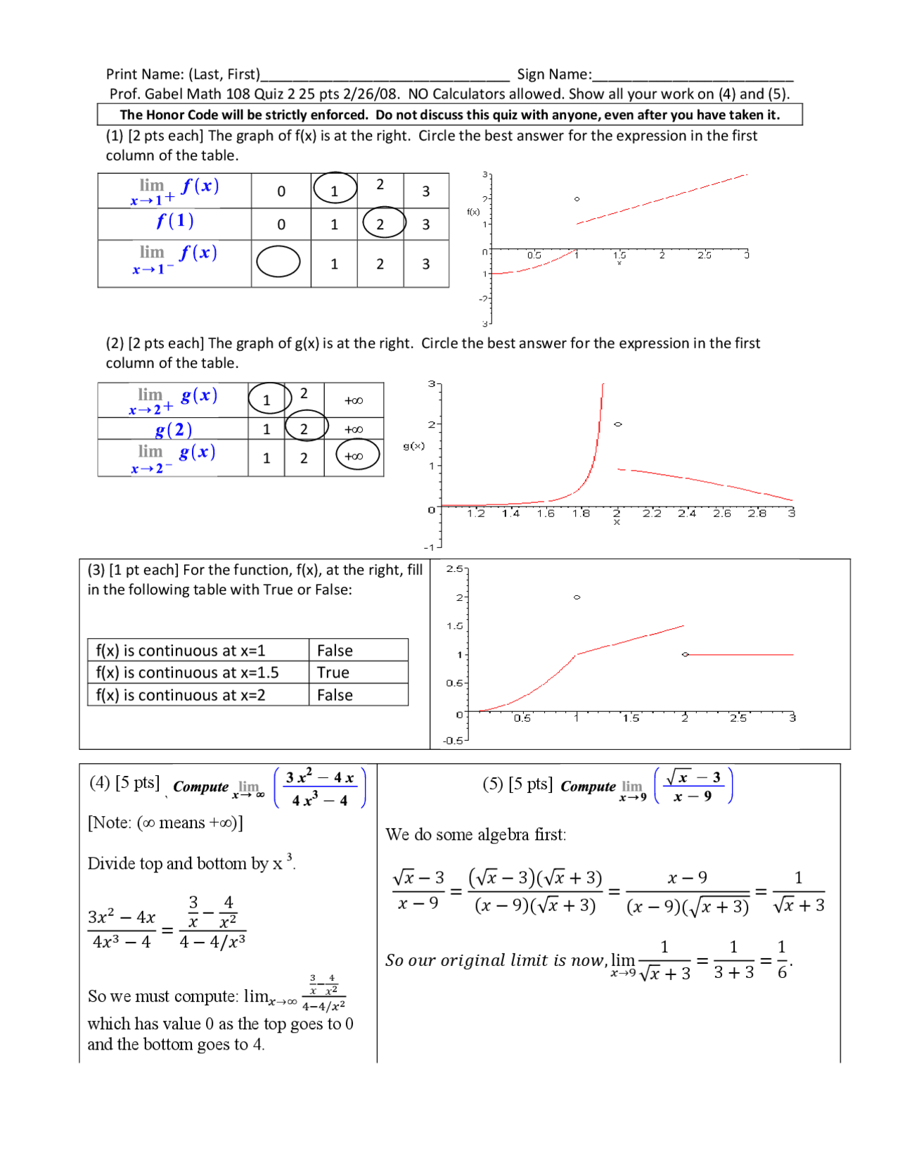 Introductory Calculus Example Questions Practice Quiz 2 on Introductory Calculus with Business Applications ...