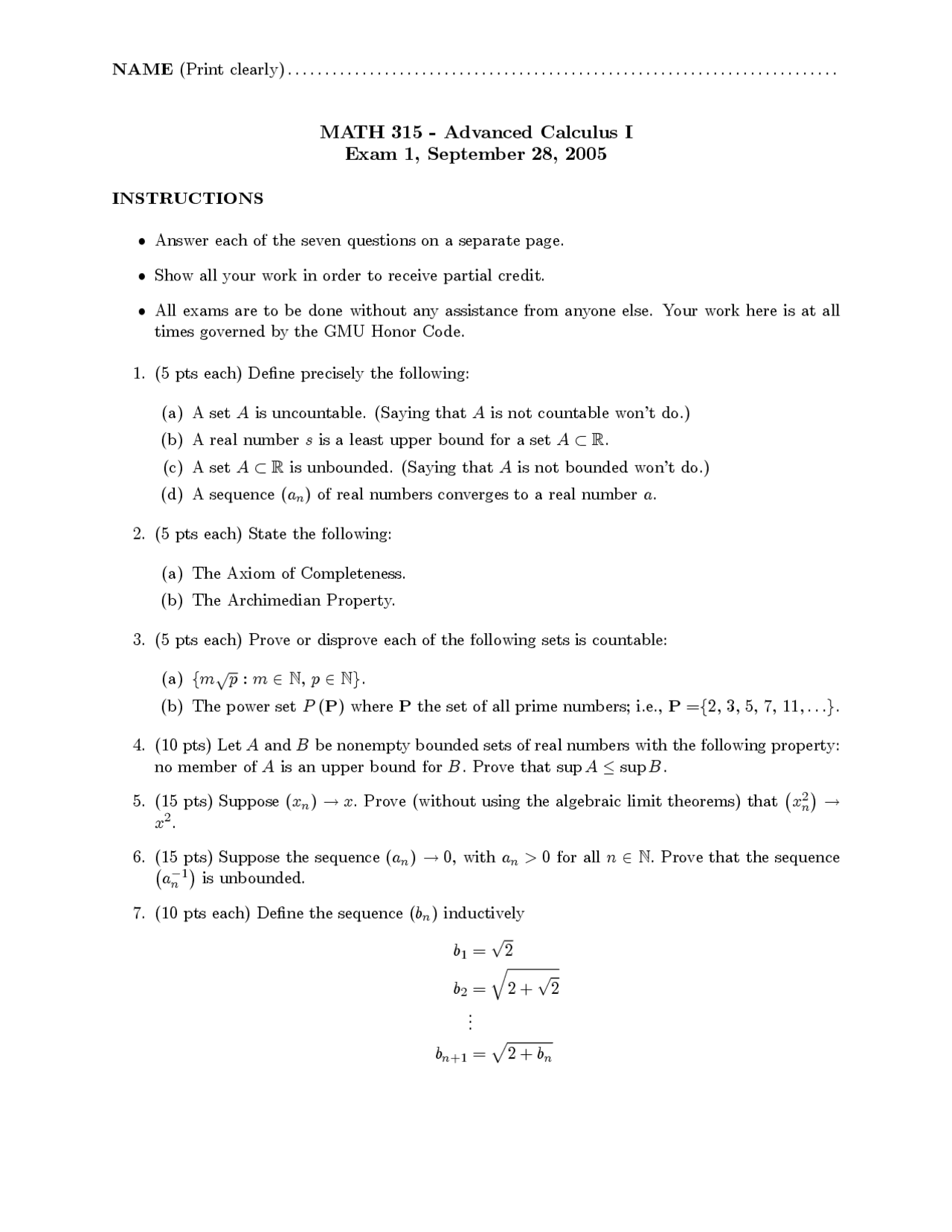 Solution for Exam 1 Questions - Advanced Calculus I | MATH 315 - Docsity