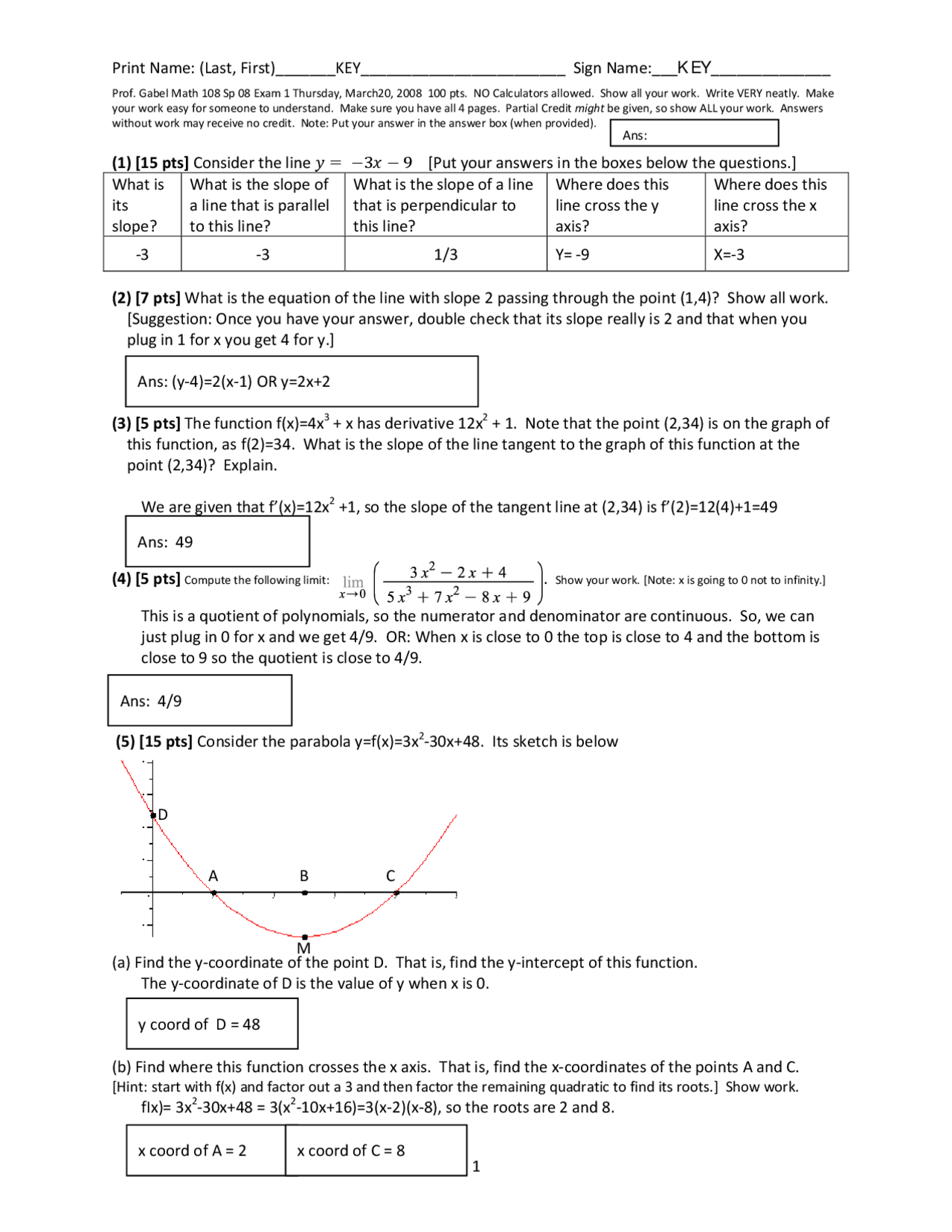 Introductory Calculus Example Questions Exam 1 on Introductory Calculus with Business Applications with Answers ...