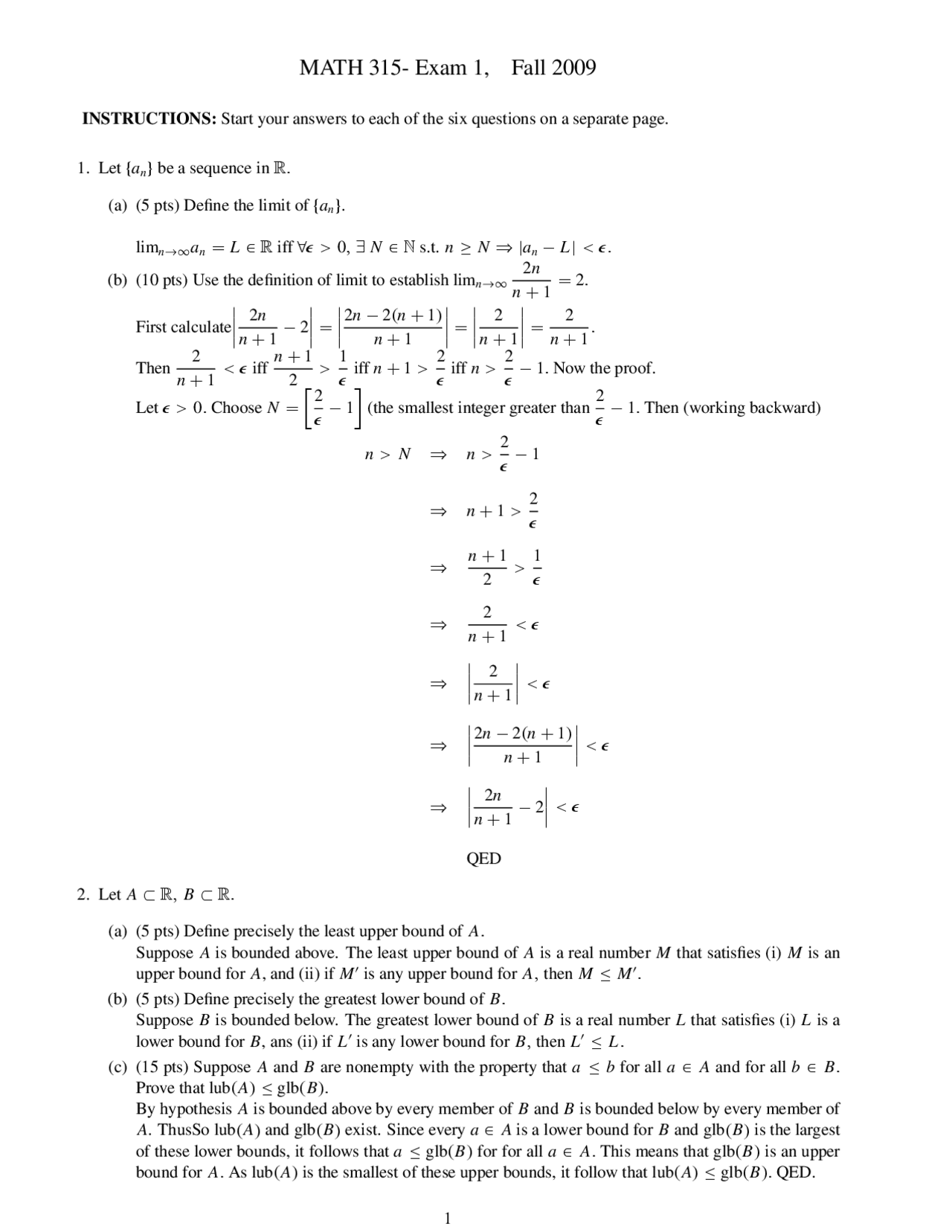 Exam 1 Questions - Advanced Calculus I | MATH 315 | Exams Advanced ...