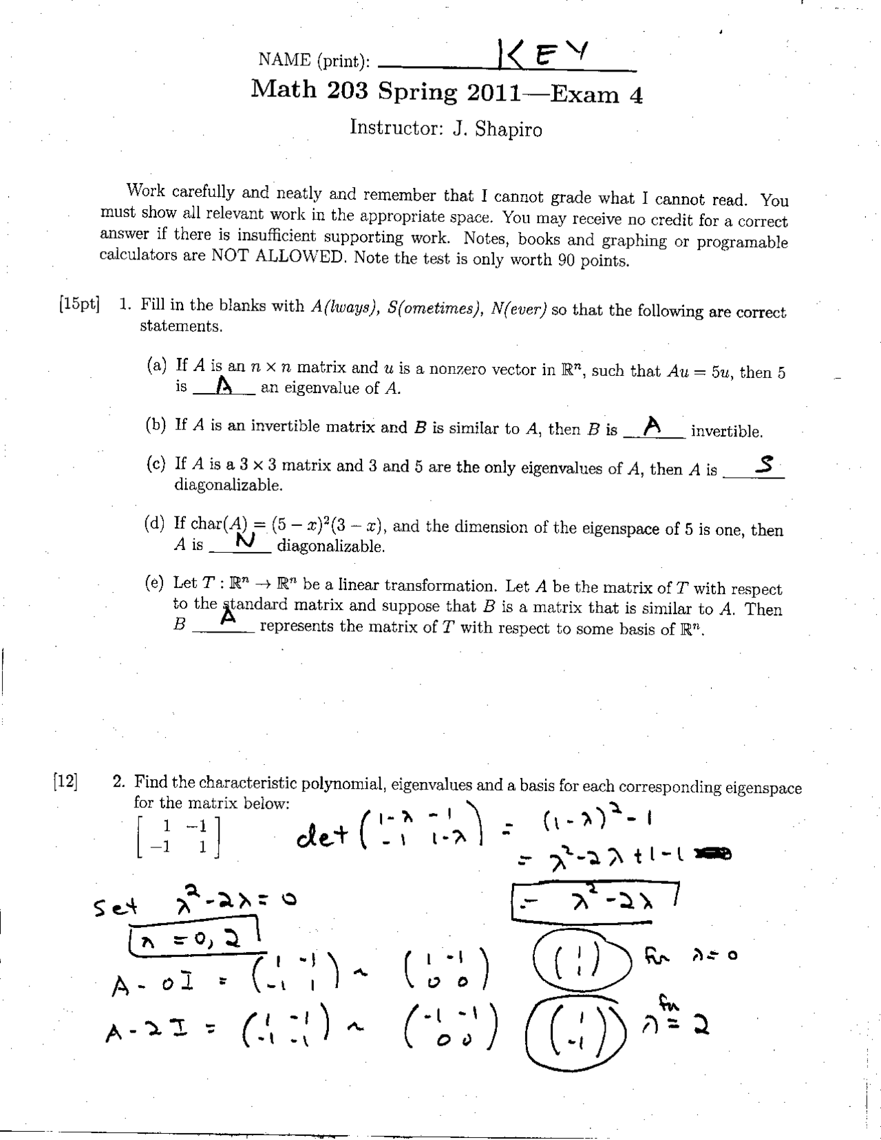 Exam 4 Answer Key | Linear Algebra 2011 | MATH 203 | Exams Linear ...