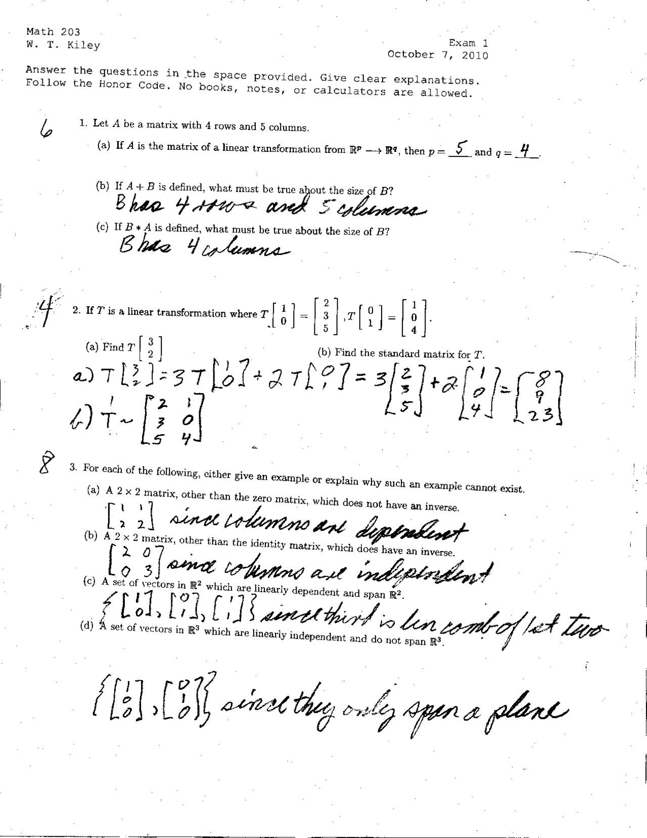 Exam 1 with Solution Key - Linear Algebra | MATH 203 | Exams Linear ...