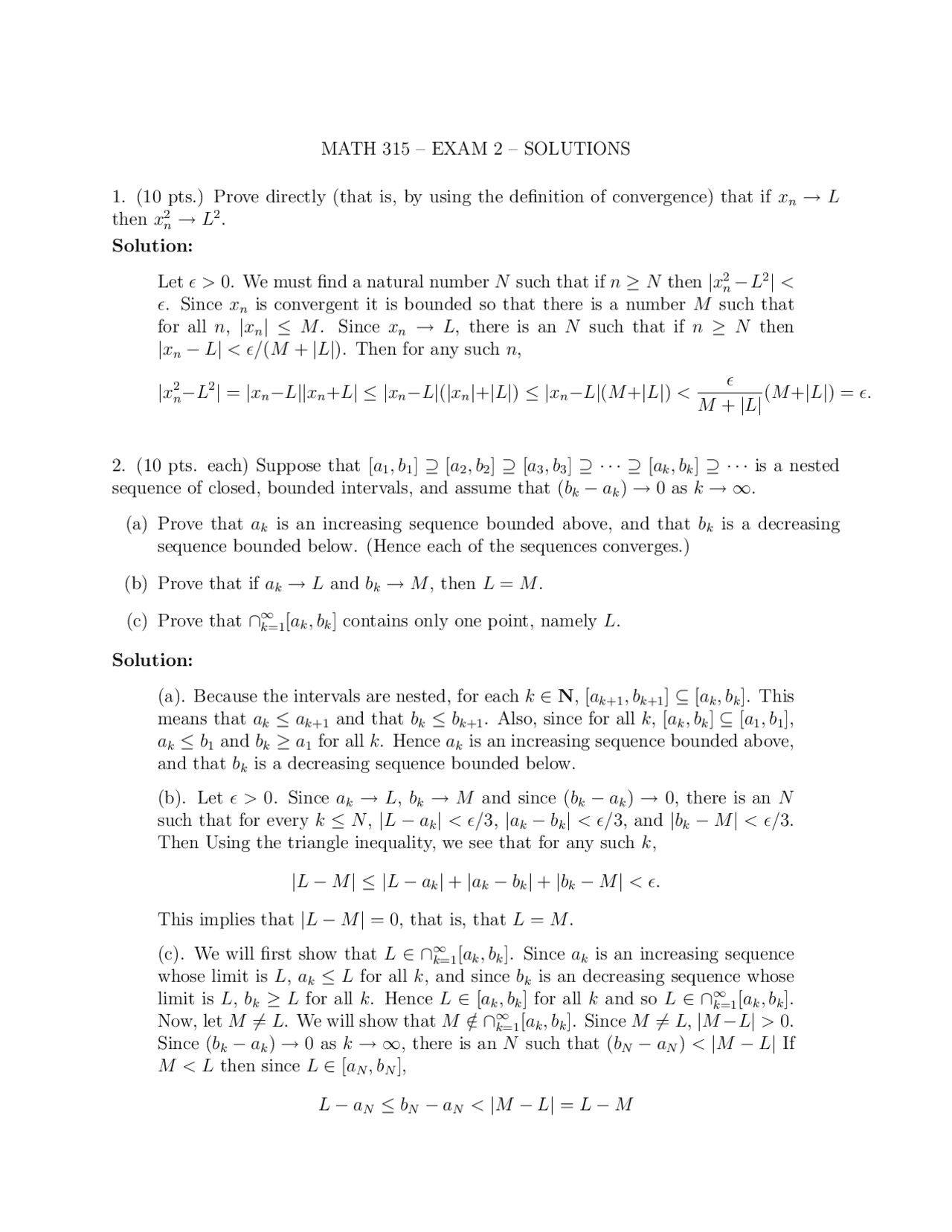 Solution Key for Exam 2 - Advanced Calculus I | MATH 315 - Docsity