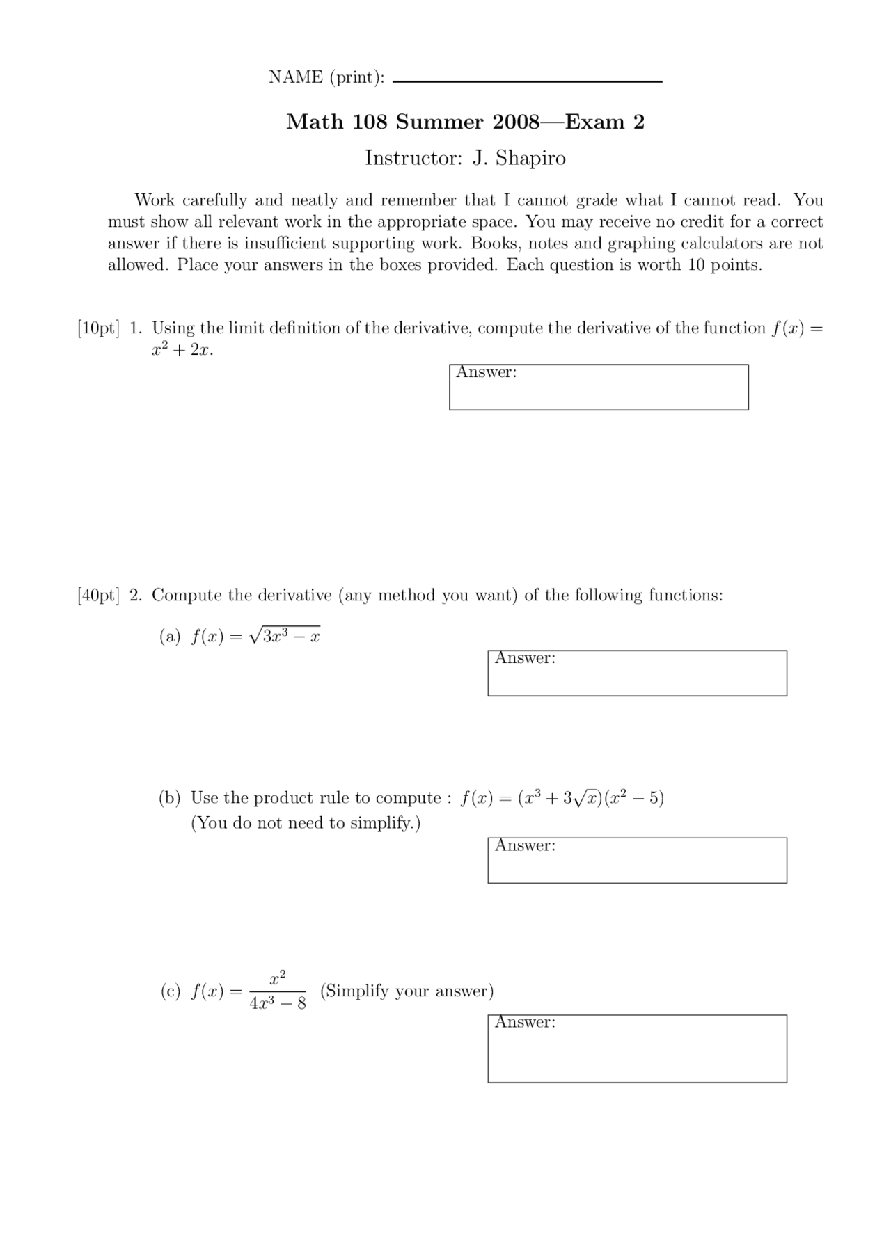 Calculus Business Class Introduction to Calculus: Business Application - Exam 2 | MATH 108 ...