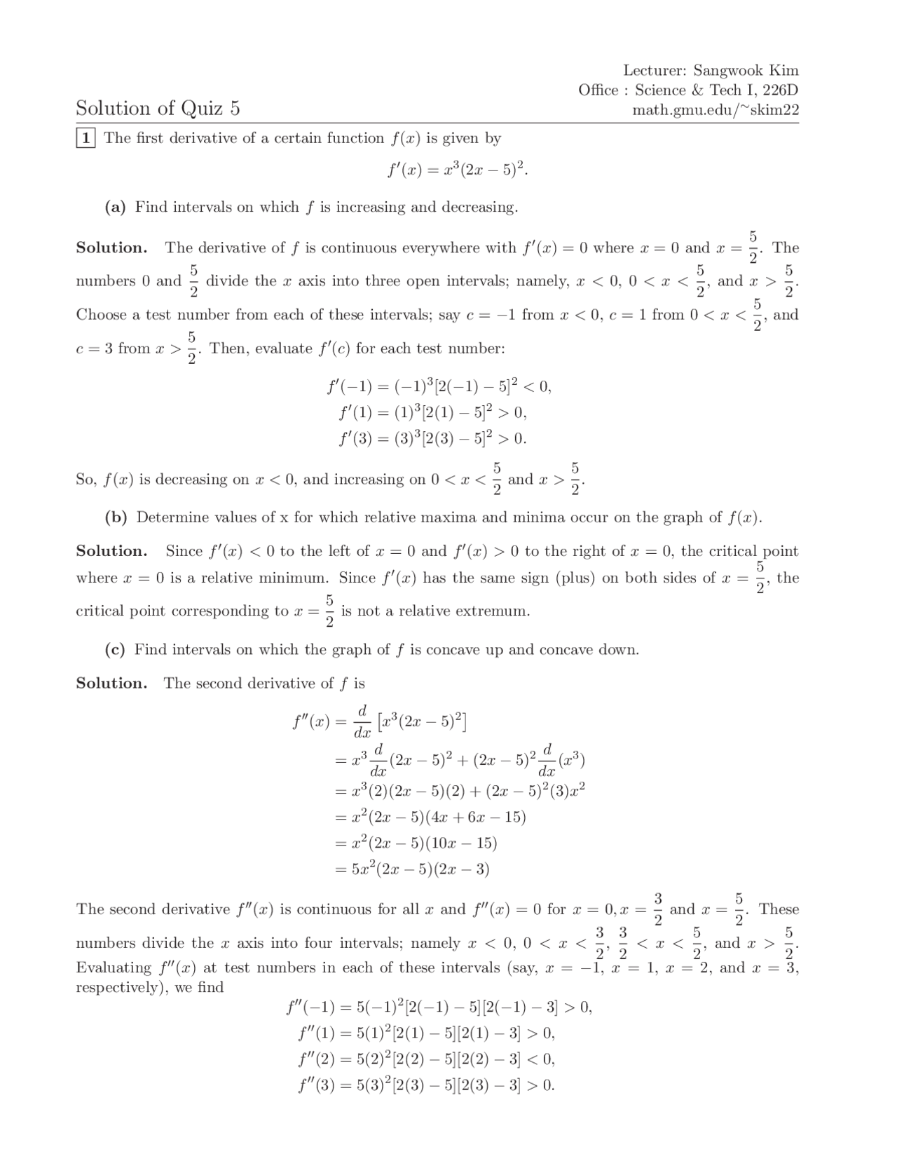 Introductory Calculus Example Questions Solution of Quiz 5 - Introductory Calculus with Business Applications ...