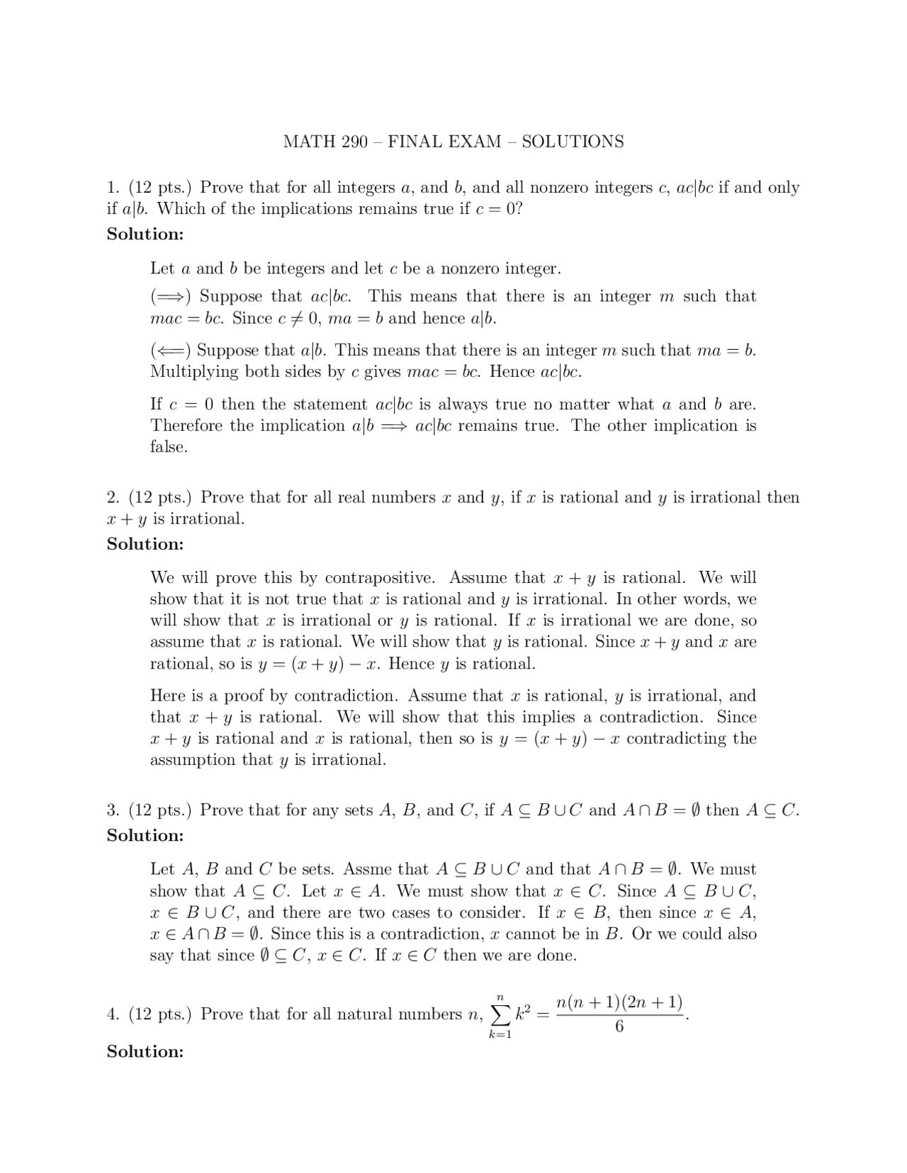 Introduction to Advanced Mathematics - Final Exam Solutions | MATH 290 ...