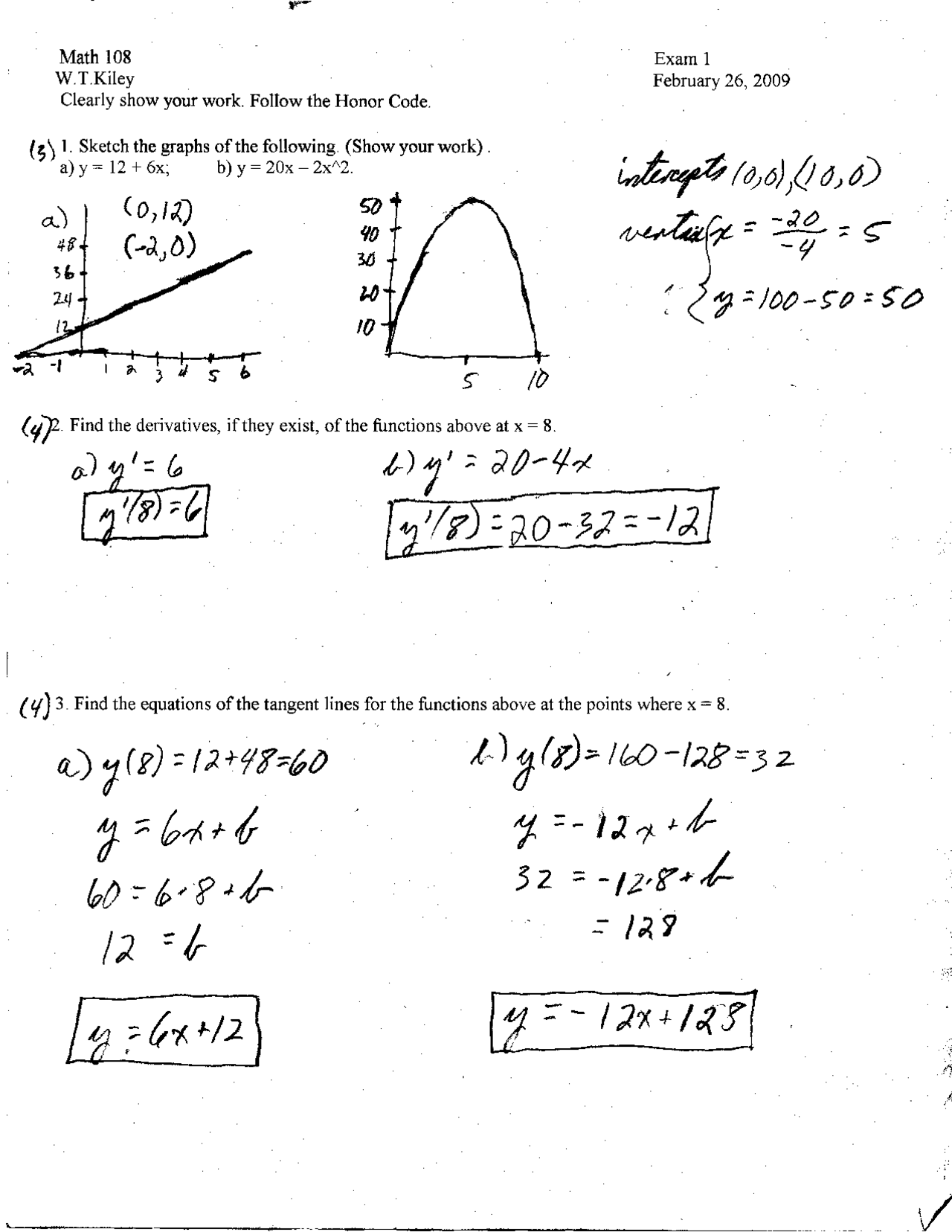 Introductory Calculus Example Questions Exam 1 Solution - Introductory Calculus with Business Applications ...