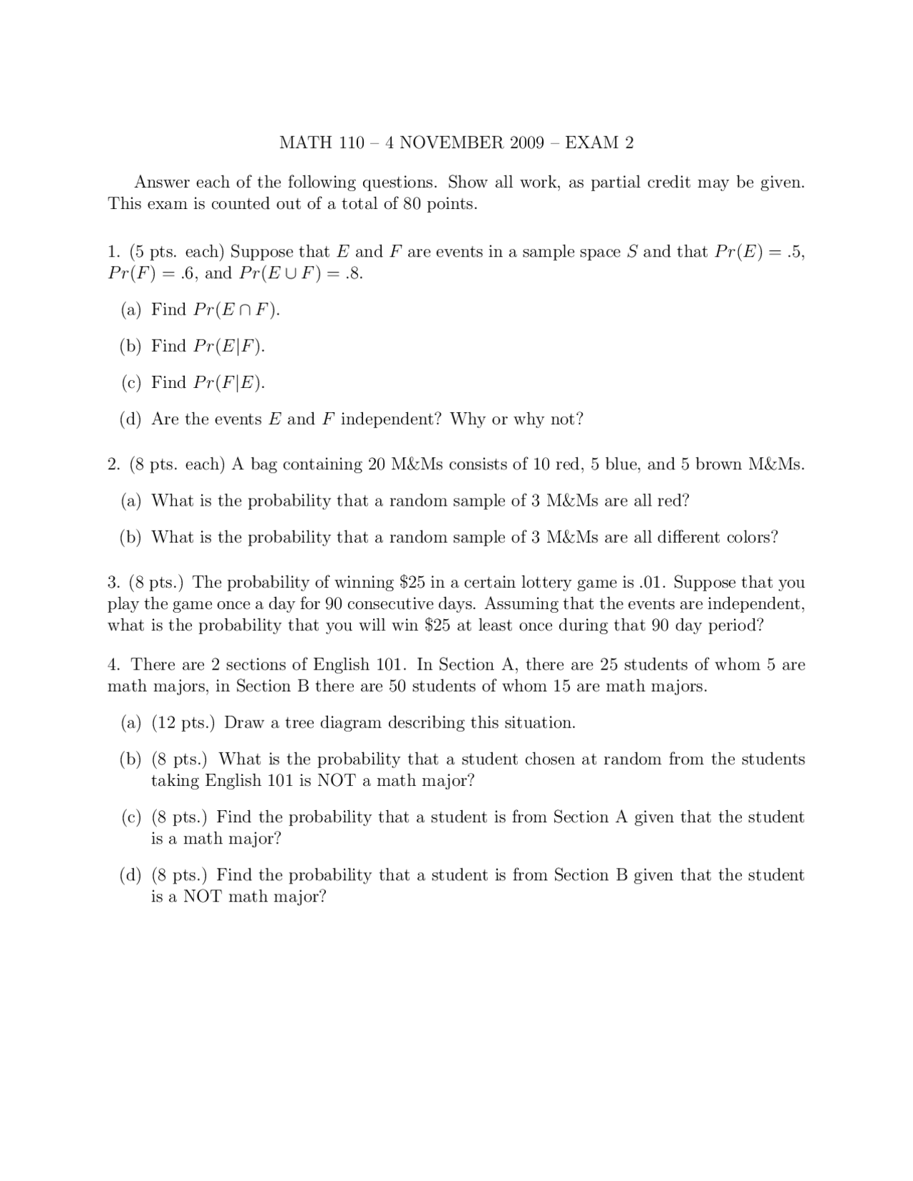 4 Questions with Answer Exam 2 - Introductory Probability | MATH 110 ...