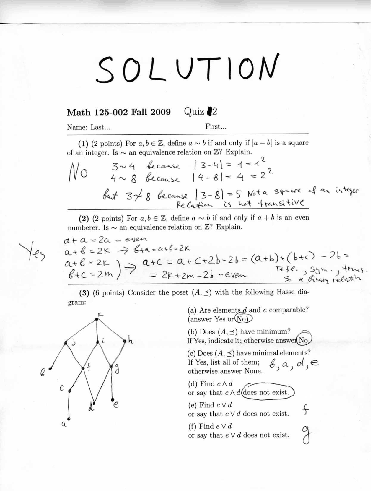 Discrete Math Quiz Example Quiz 2 Solutions - Discrete Mathematics I | MATH 125 - Docsity