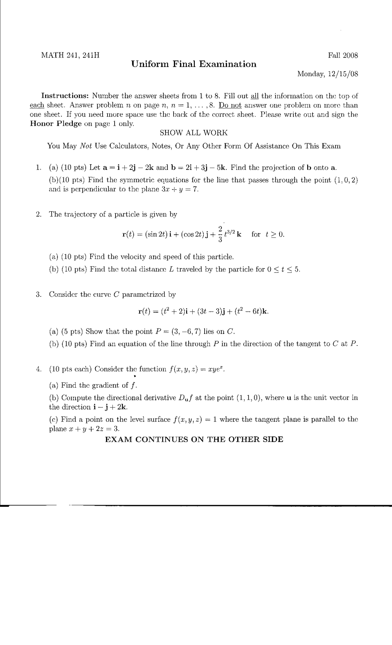 8 Questions On Calculus Iii Final Examination Math 241 Docsity