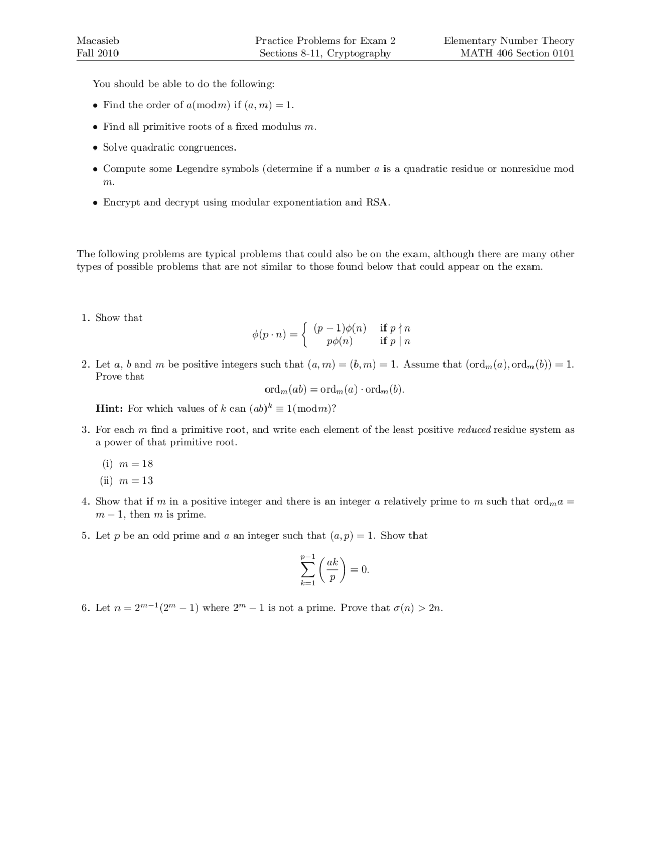 Theory Math Question Practice Problems for Exam 2 - Introduction to Number Theory | MATH 406 ...
