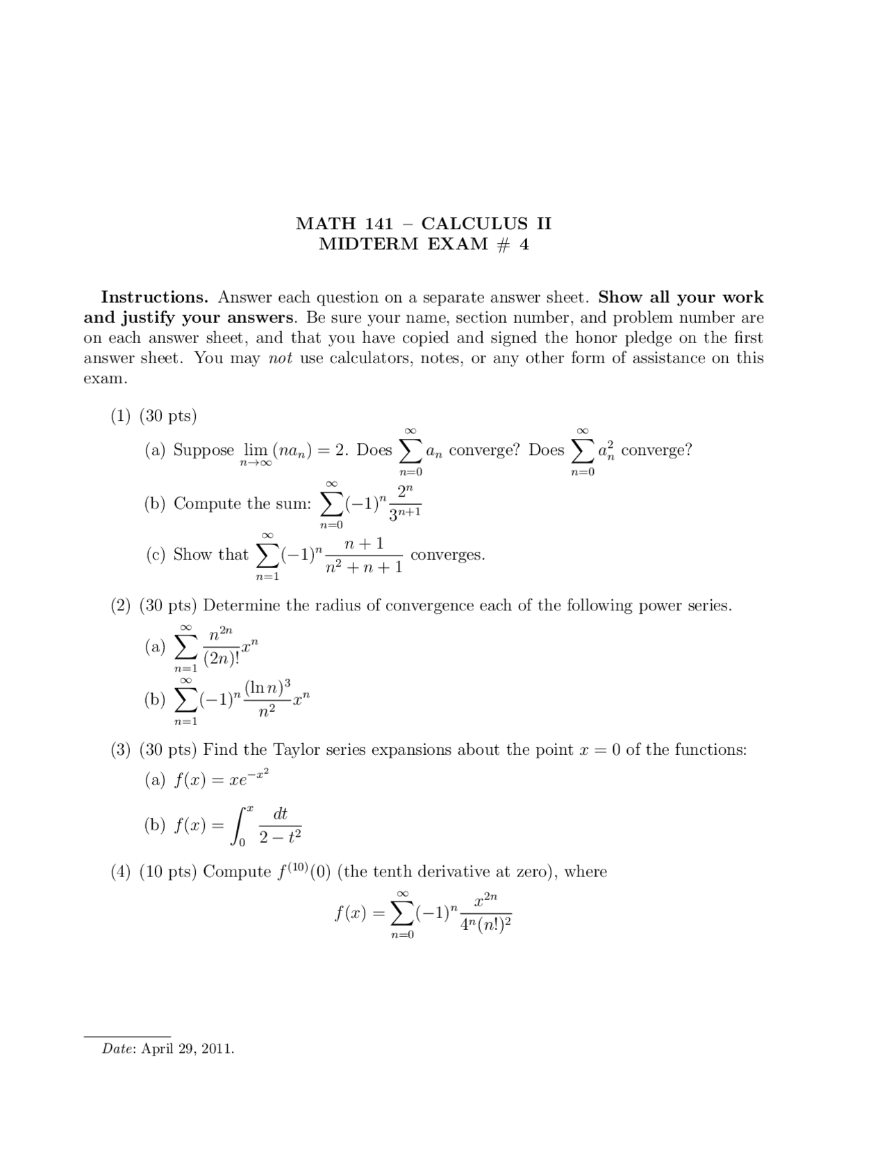 Midterm Exam 4 Practice Questions - Calculus II | MATH 141 - Docsity