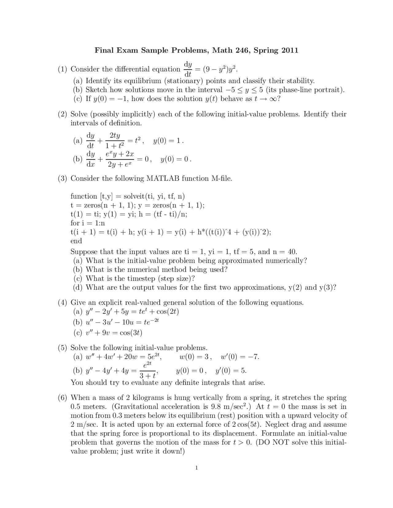 Differential Equation for Science and Engineers - Final Exam | MATH 246 ...