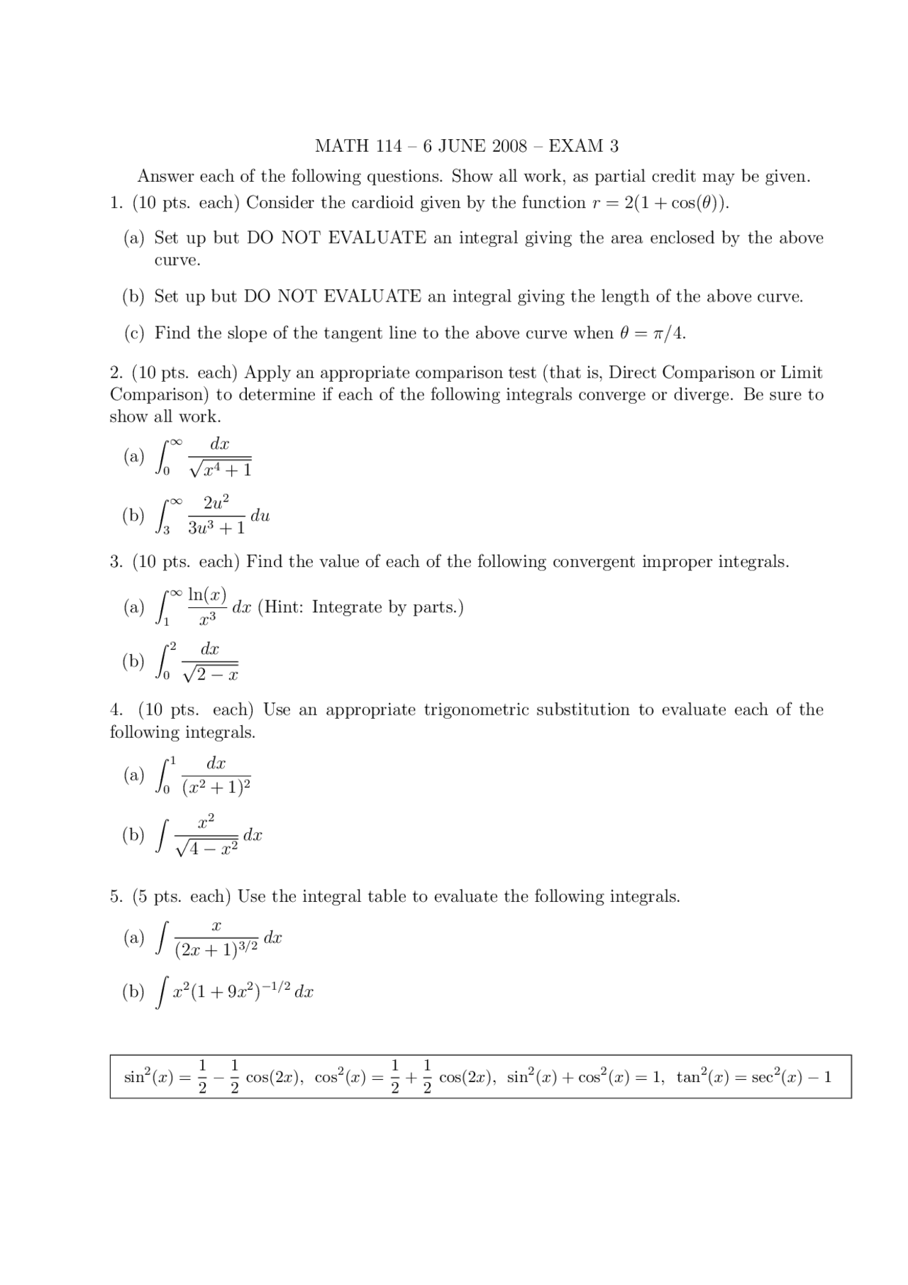 Exam 3 with Solutions | Analytic Geometry and Calculus II | MATH 114 ...