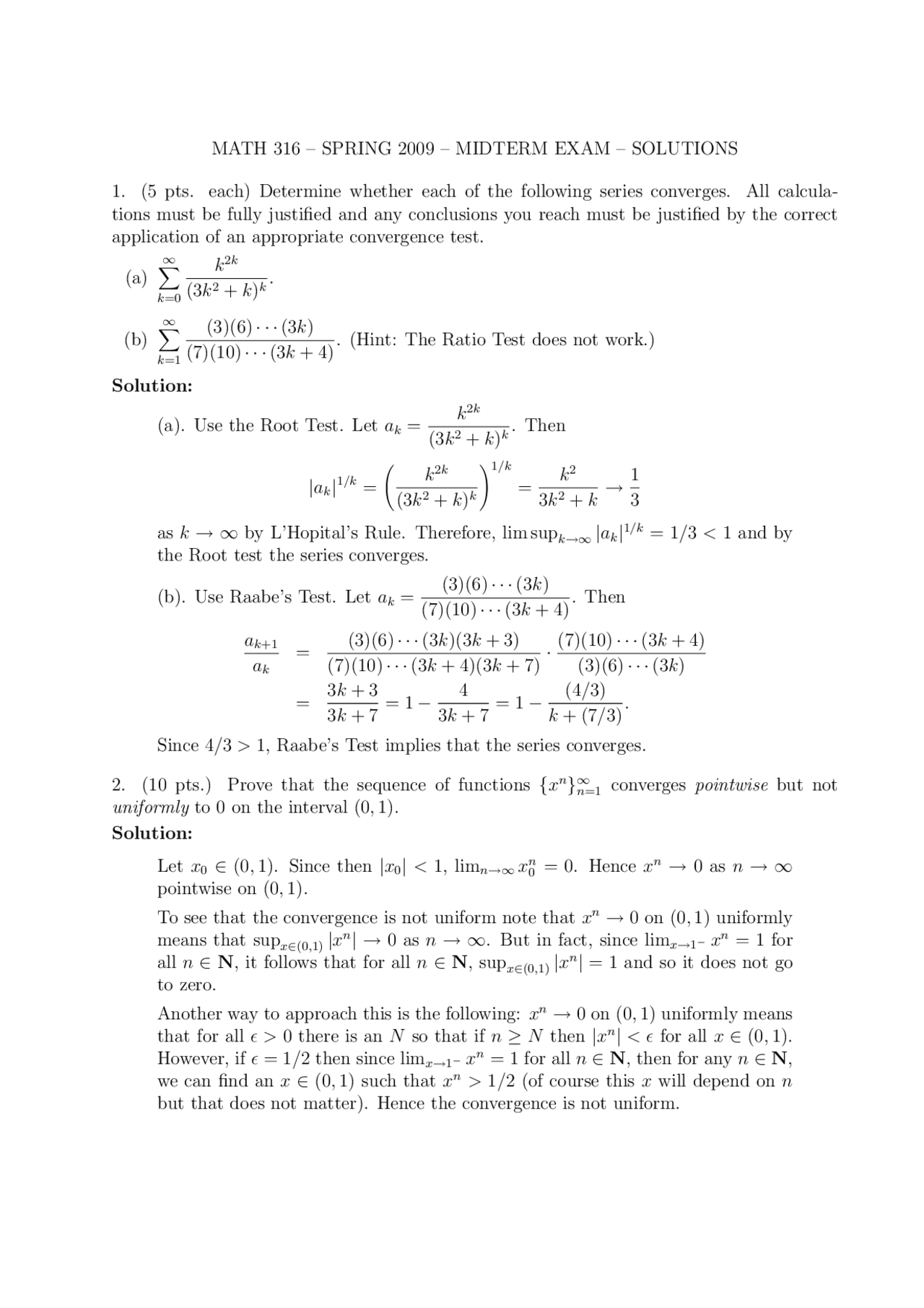 Midterm Exam Questions with Solutions - Advanced Calculus II | MATH 316 ...