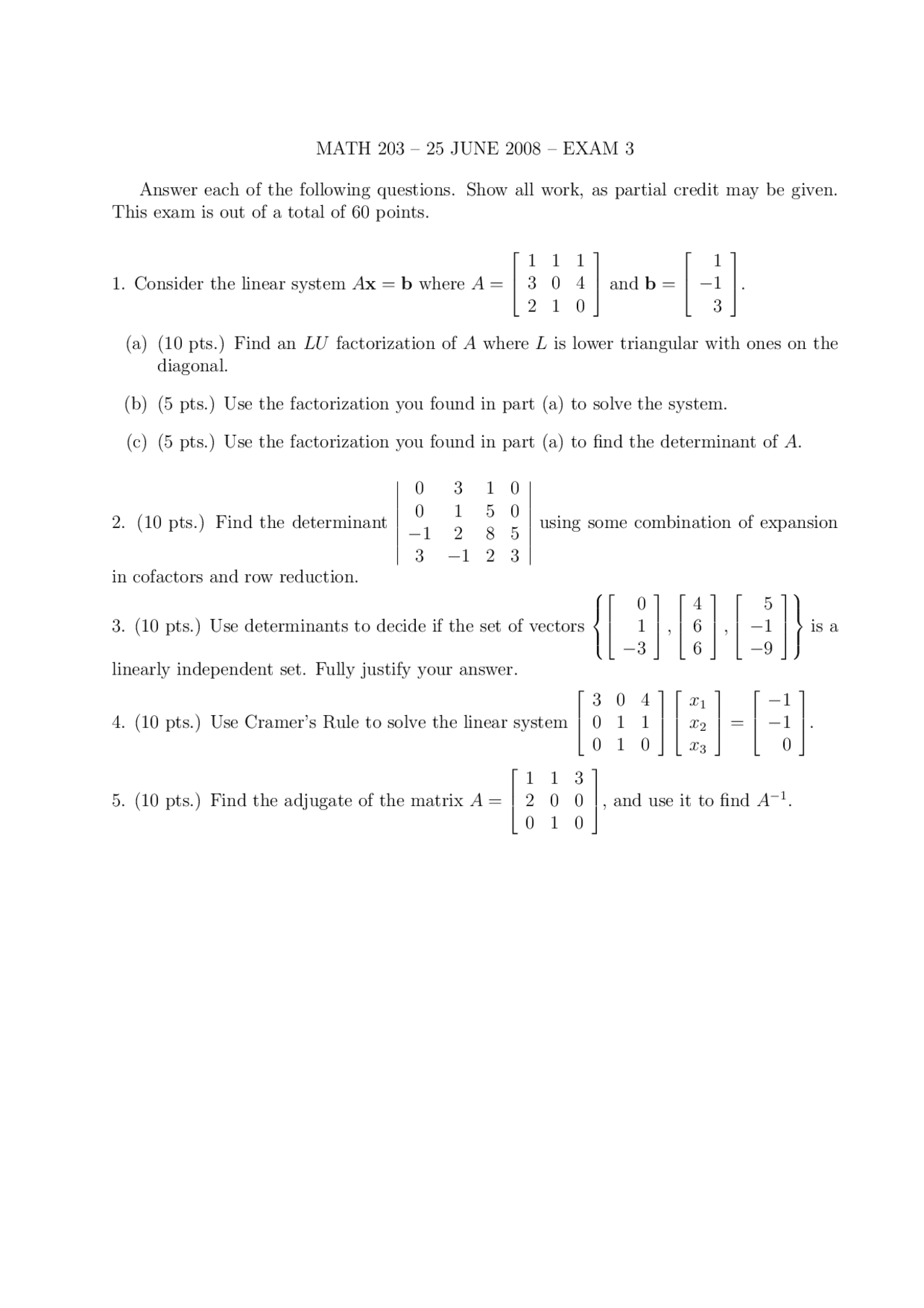 Exam 3 with Solutions | Linear Algebra | MATH 203 - Docsity