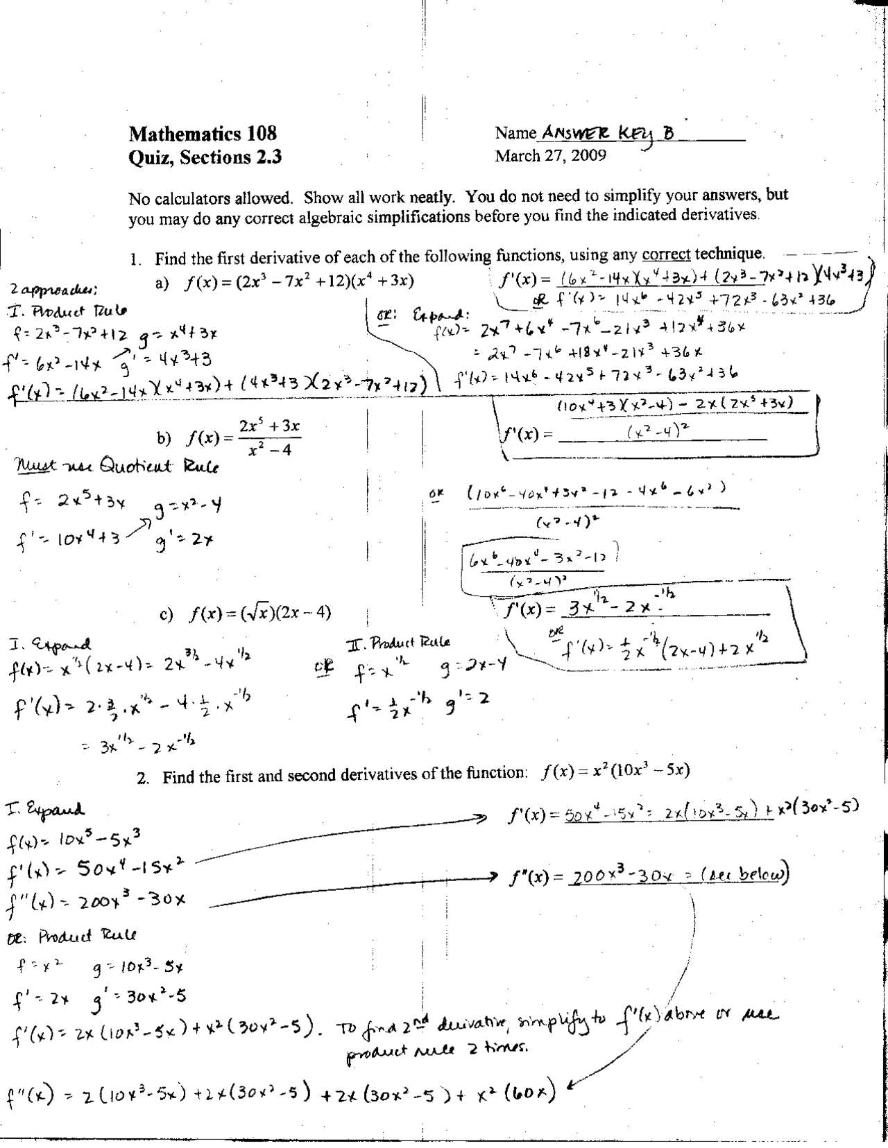 Introductory Calculus Example Questions Solutions to Quiz 2 - Introductory Calculus: Business Applications ...