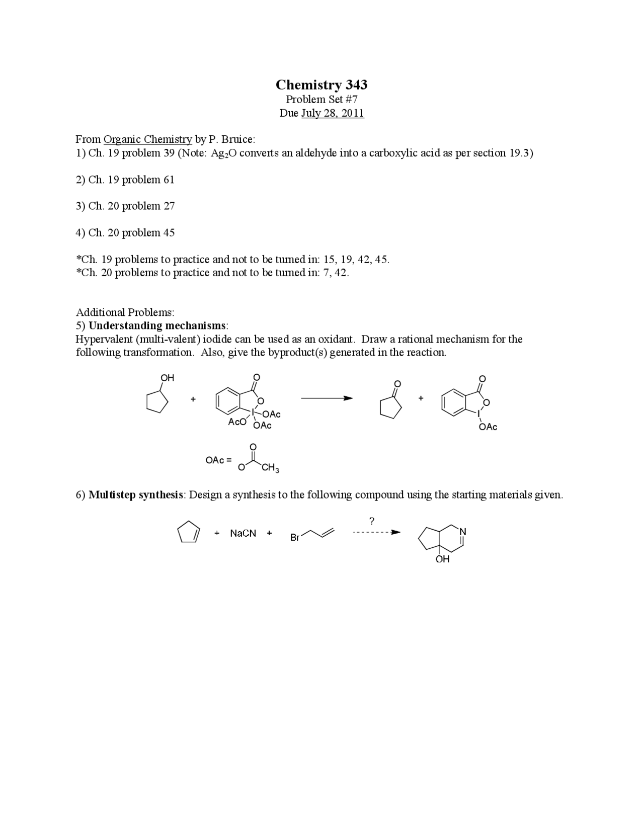 Problem Set 7 - Modern Organic Chemistry II | CHEM 343 - Docsity