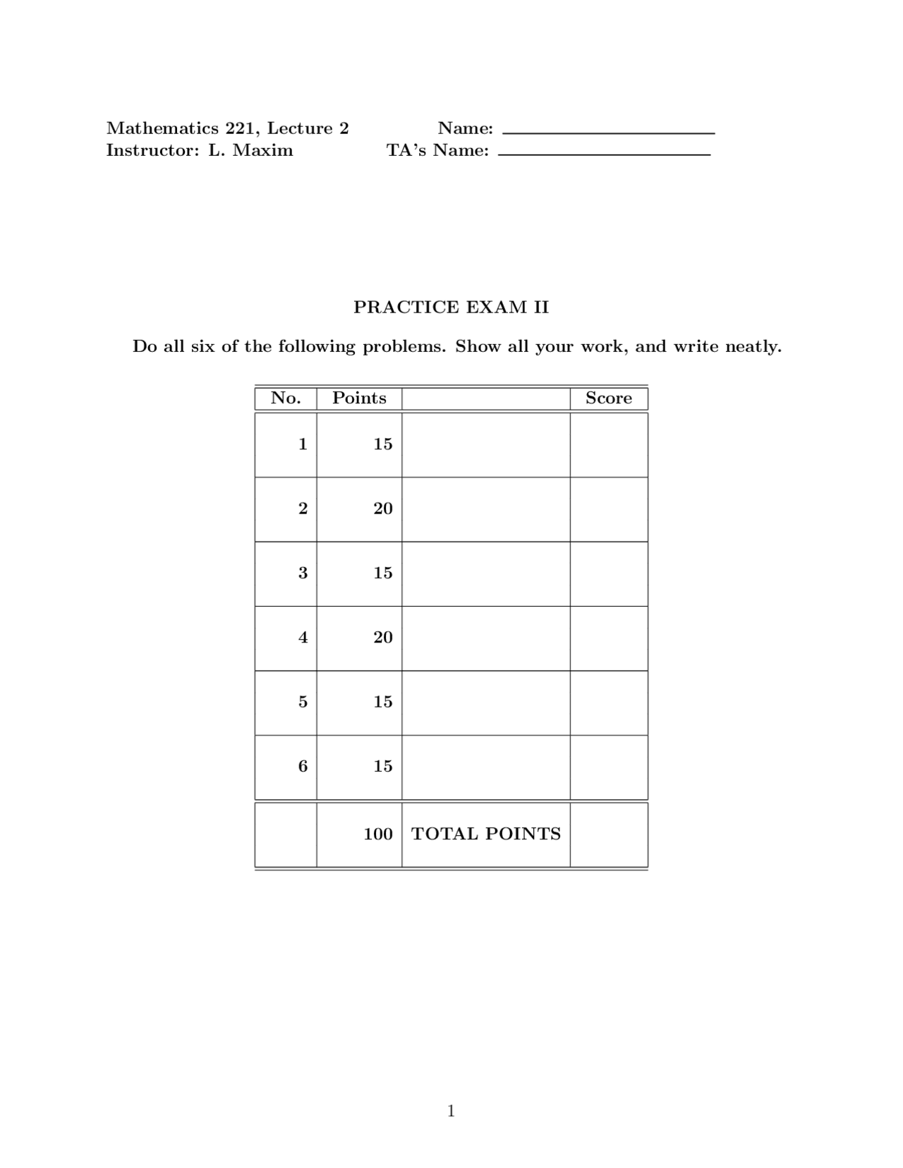 Exam - 6 Problems on Calculus and Analytic Geometry | MATH 221 - Docsity