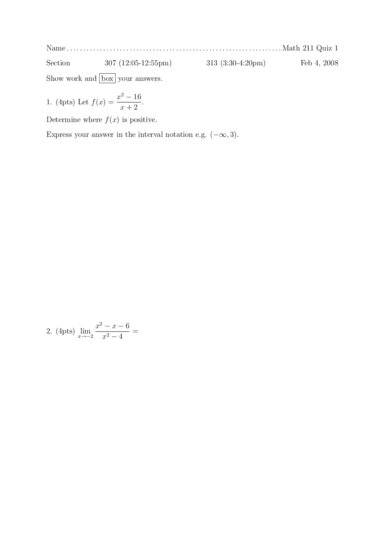Practice Quiz 1 Questions - Calculus | MATH 211 - Docsity
