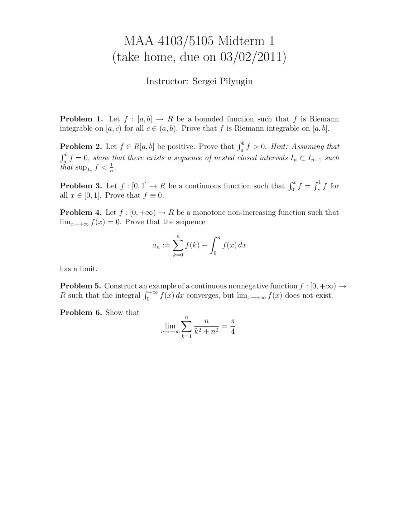 6 Problems on Introduction to Advanced Calculus II - Midterm Exam 1 ...