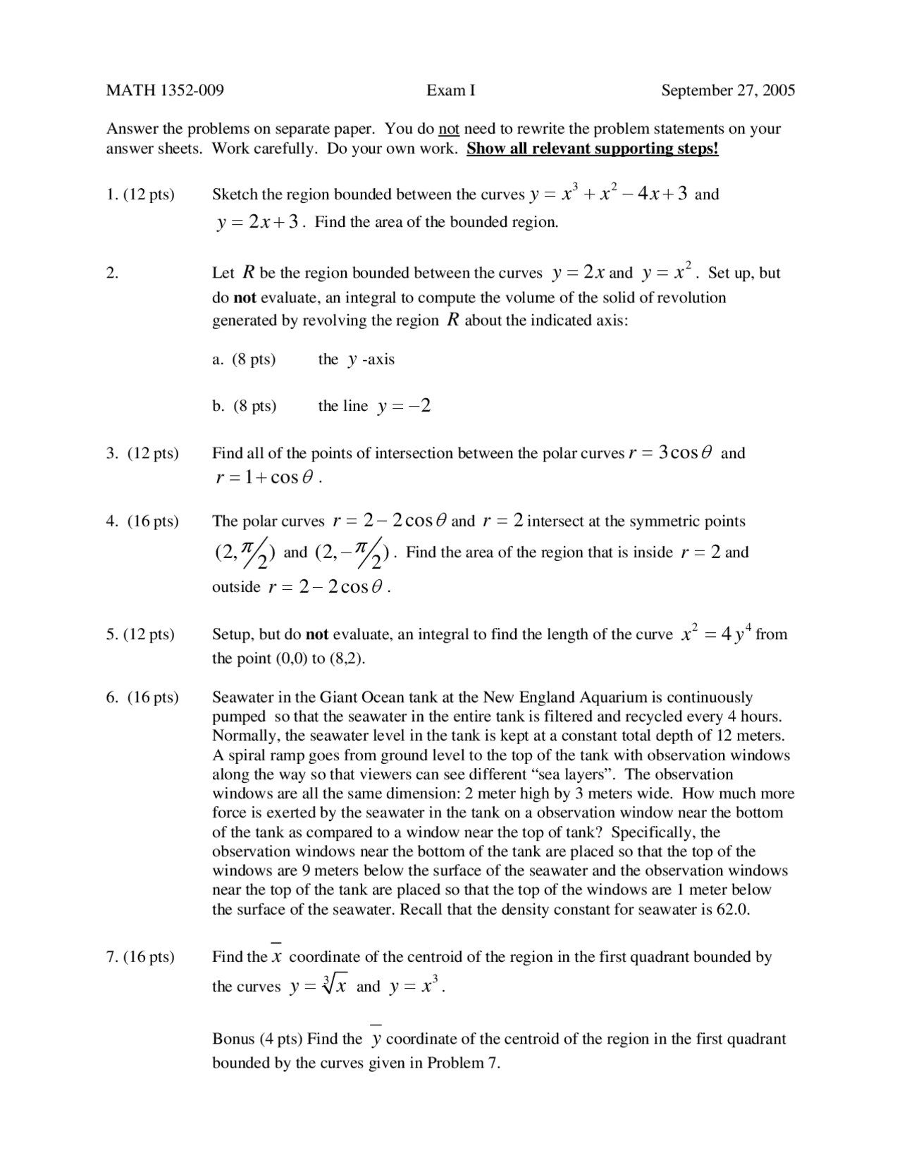 7 Problems with Solutions on Calculus II - Examination 1 | MATH 1352 ...