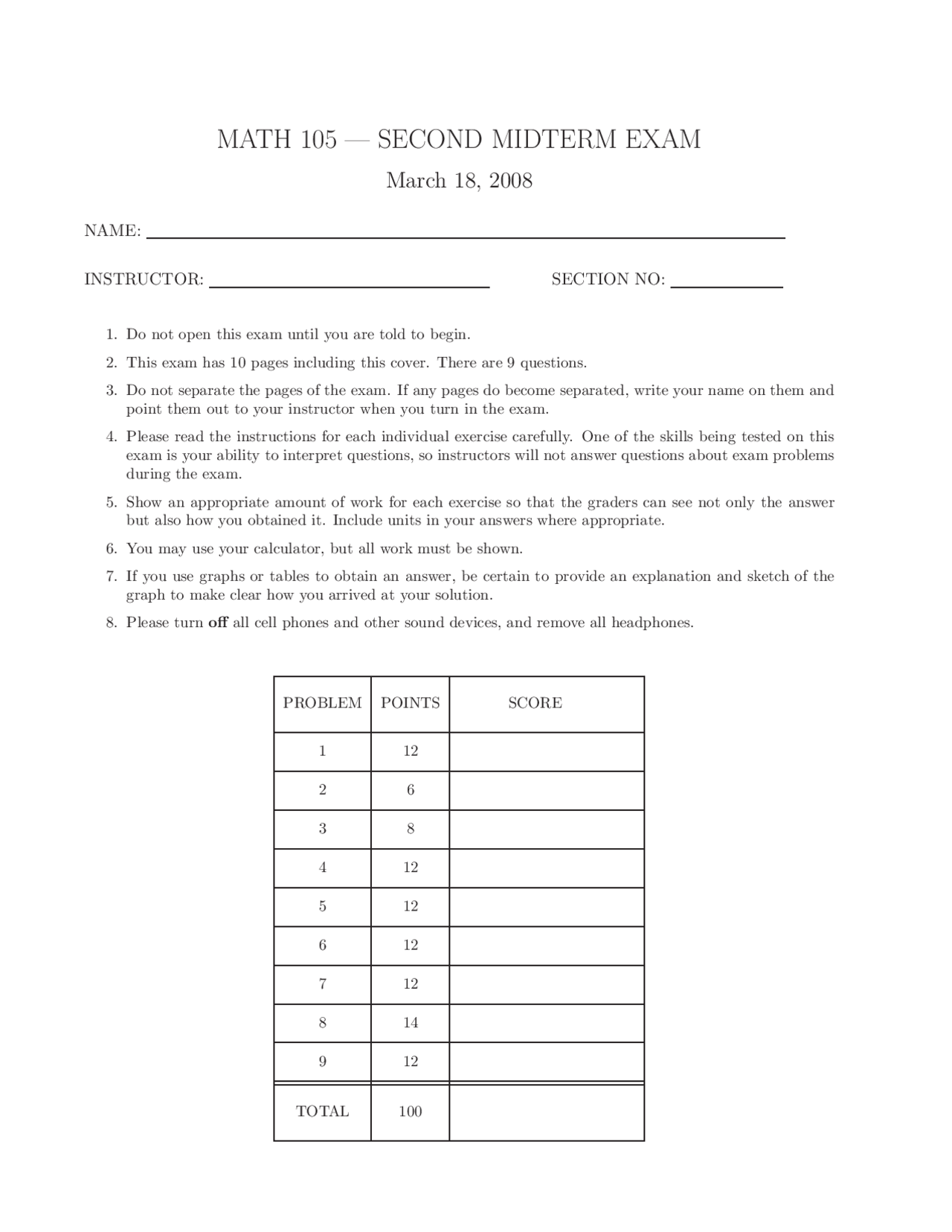 Data Functions Math Data, Functions and Graphs - Exam 2 - Fall 2008 | MATH 105 - Docsity
