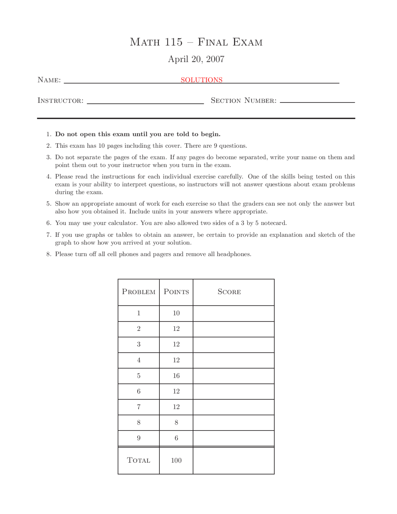 Solution to Final Exam - Calculus I | MATH 115 - Docsity