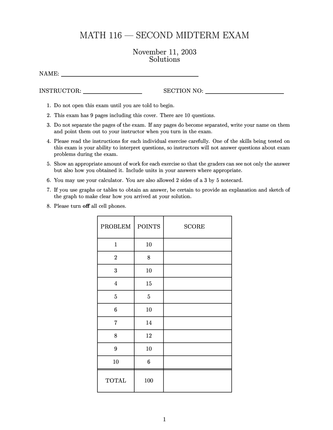 10 Unsolved Problems on Calculus II - Examination 2 | MATH 116 - Docsity