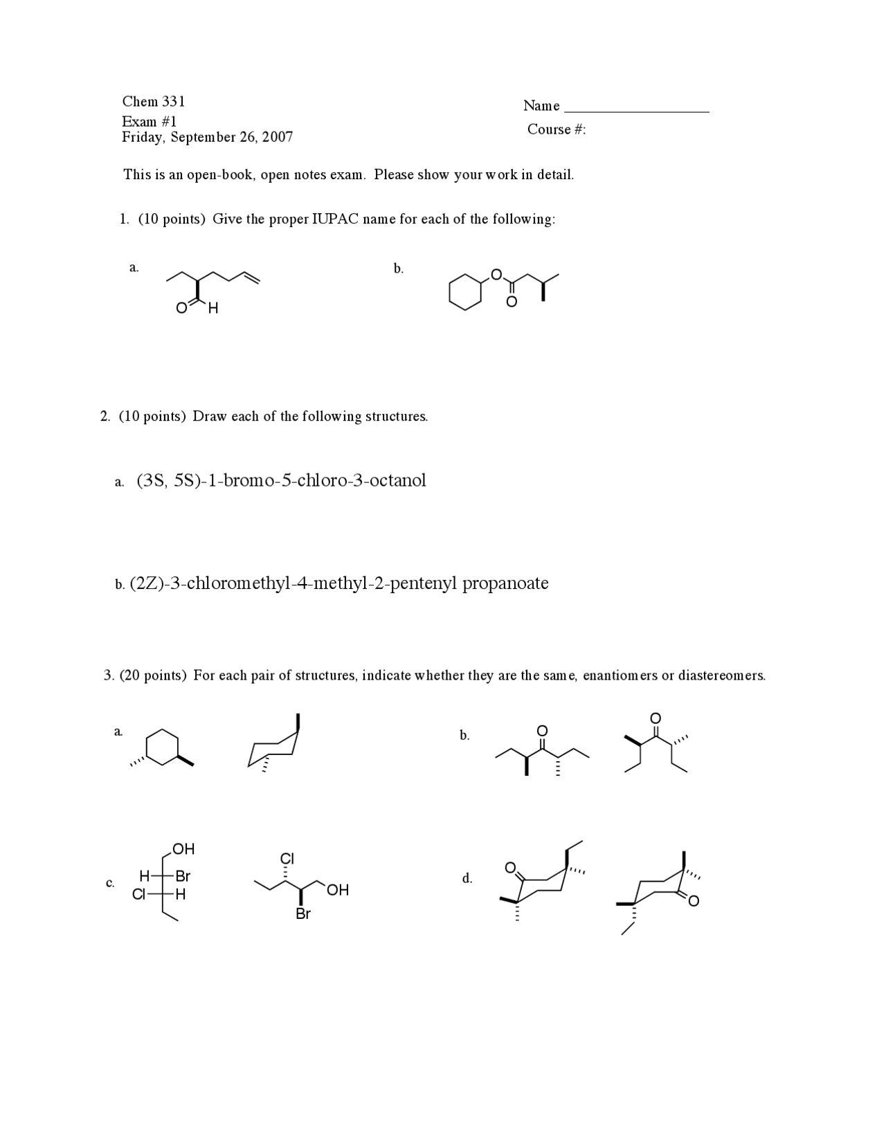 Exam 1 Problems - Organic Chemistry | CHEM 331 - Docsity
