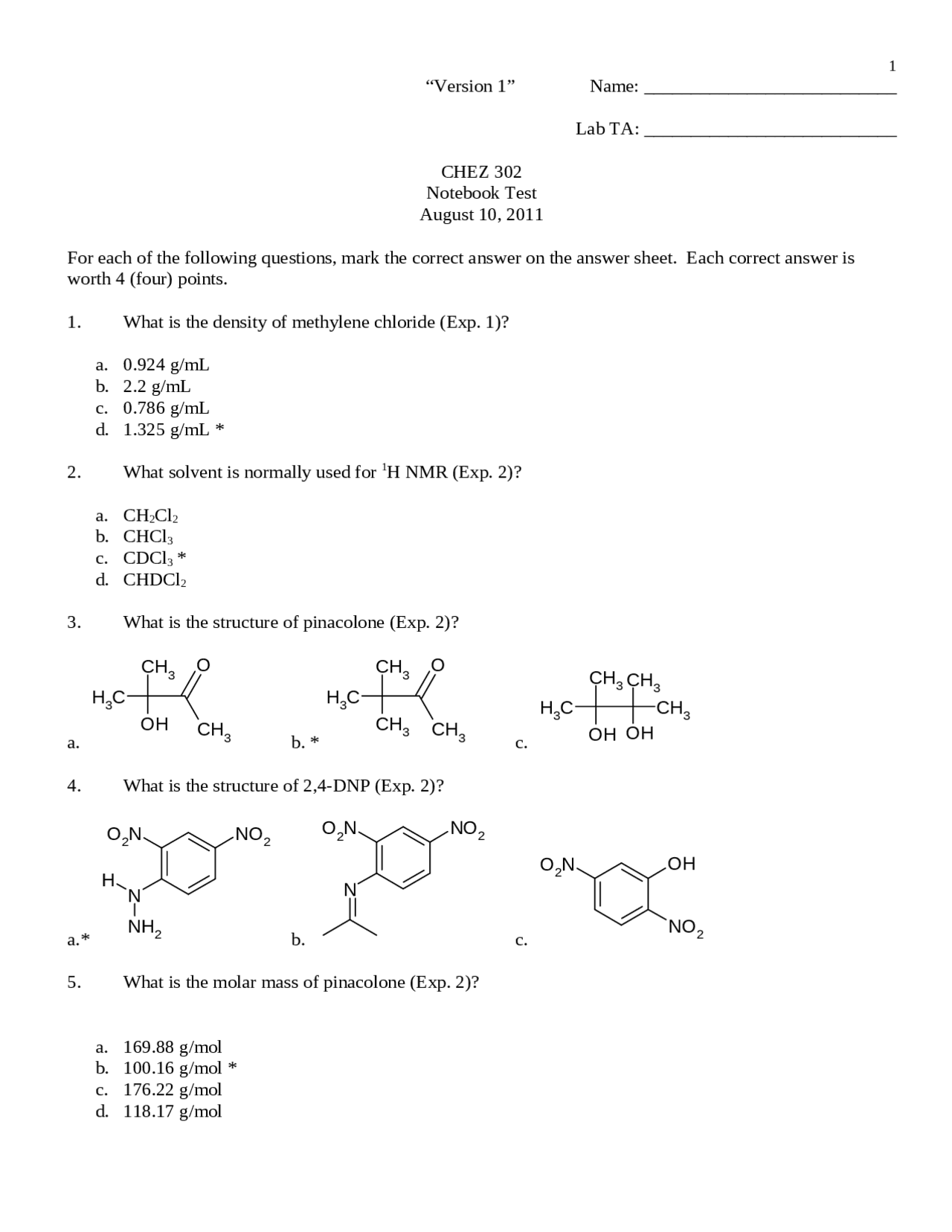 20 Questions for Final Exam - Organic Chemistry Lab II | CHEZ 302 - Docsity