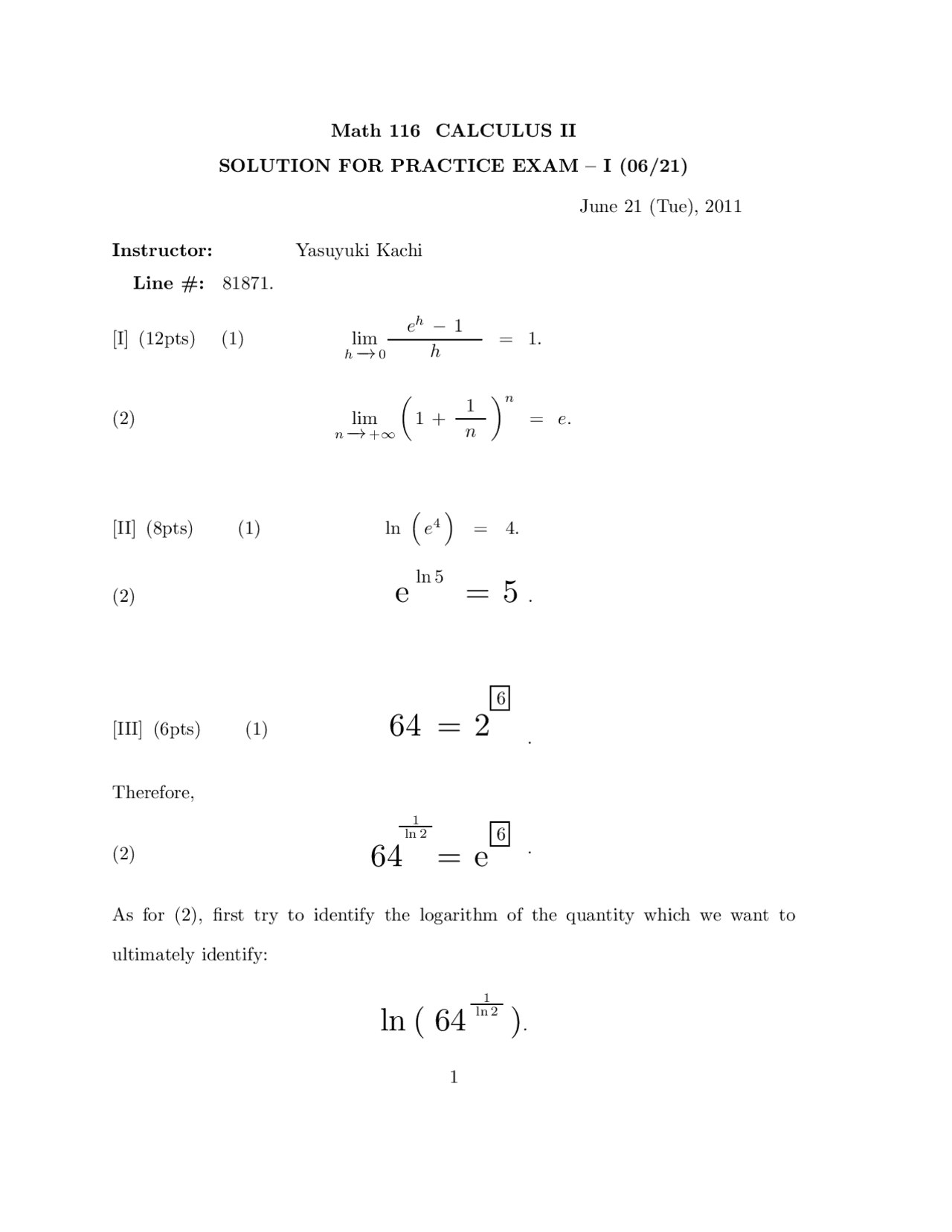 Practice Exam Solution for Calculus II | MATH 116 - Docsity