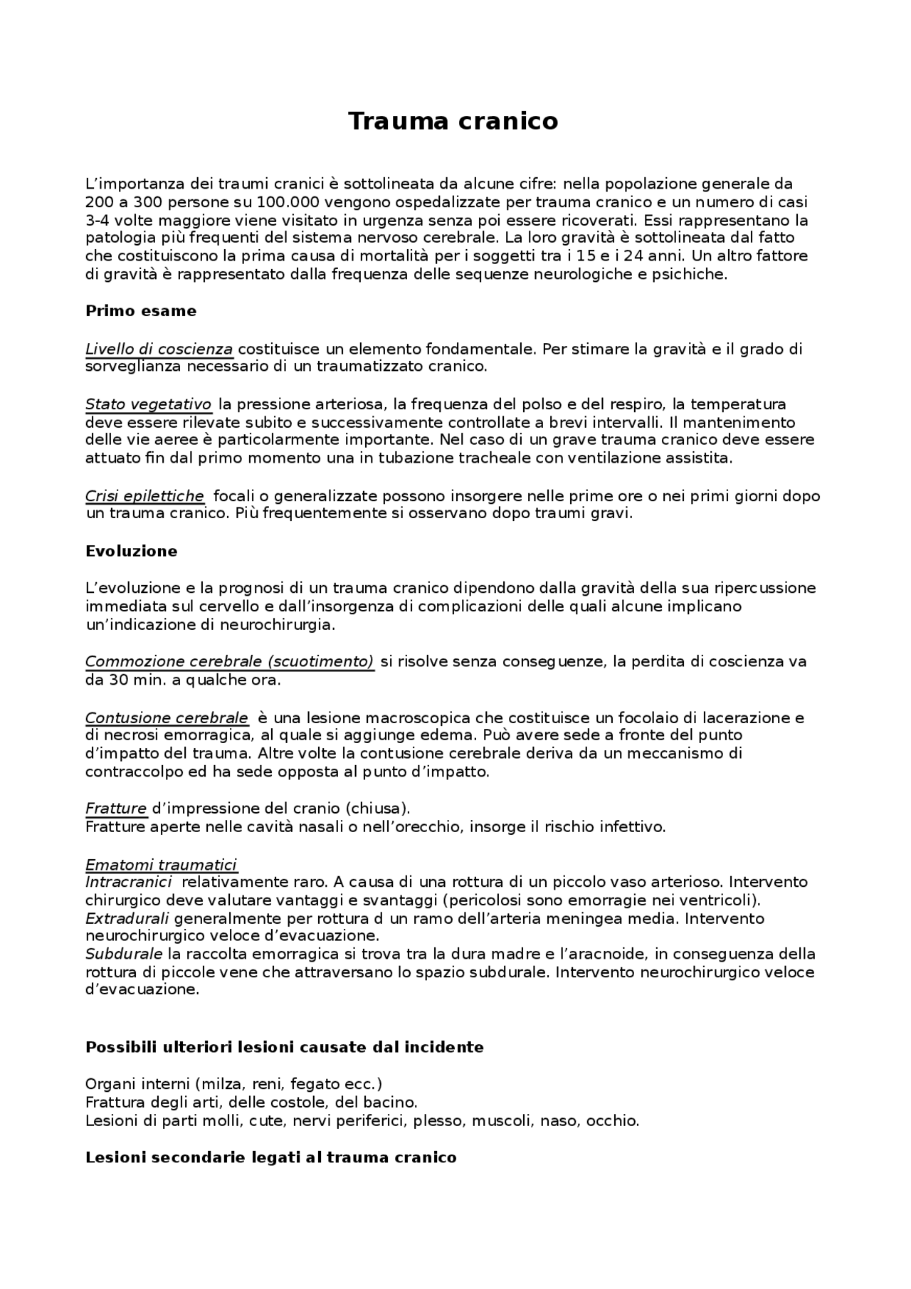 Trauma cranico | Appunti di Fisioterapia | Docsity