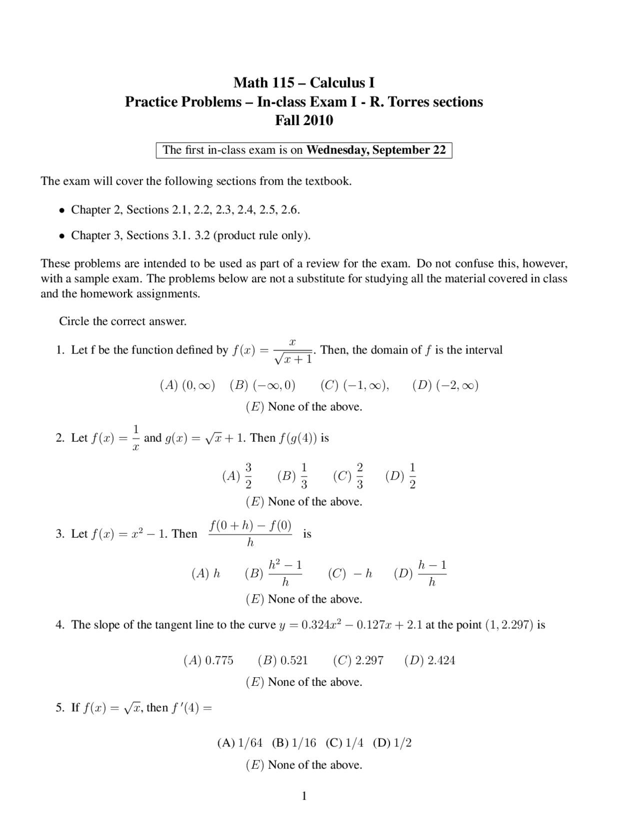 Practice Problems Exam 1 - Calculus I | MATH 115 - Docsity