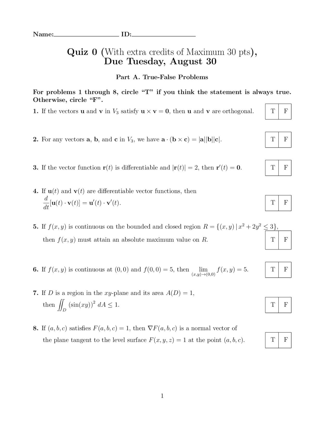 Quiz 1 True-False Problems - Vector Calculus | MATH 223 | Quizzes ...