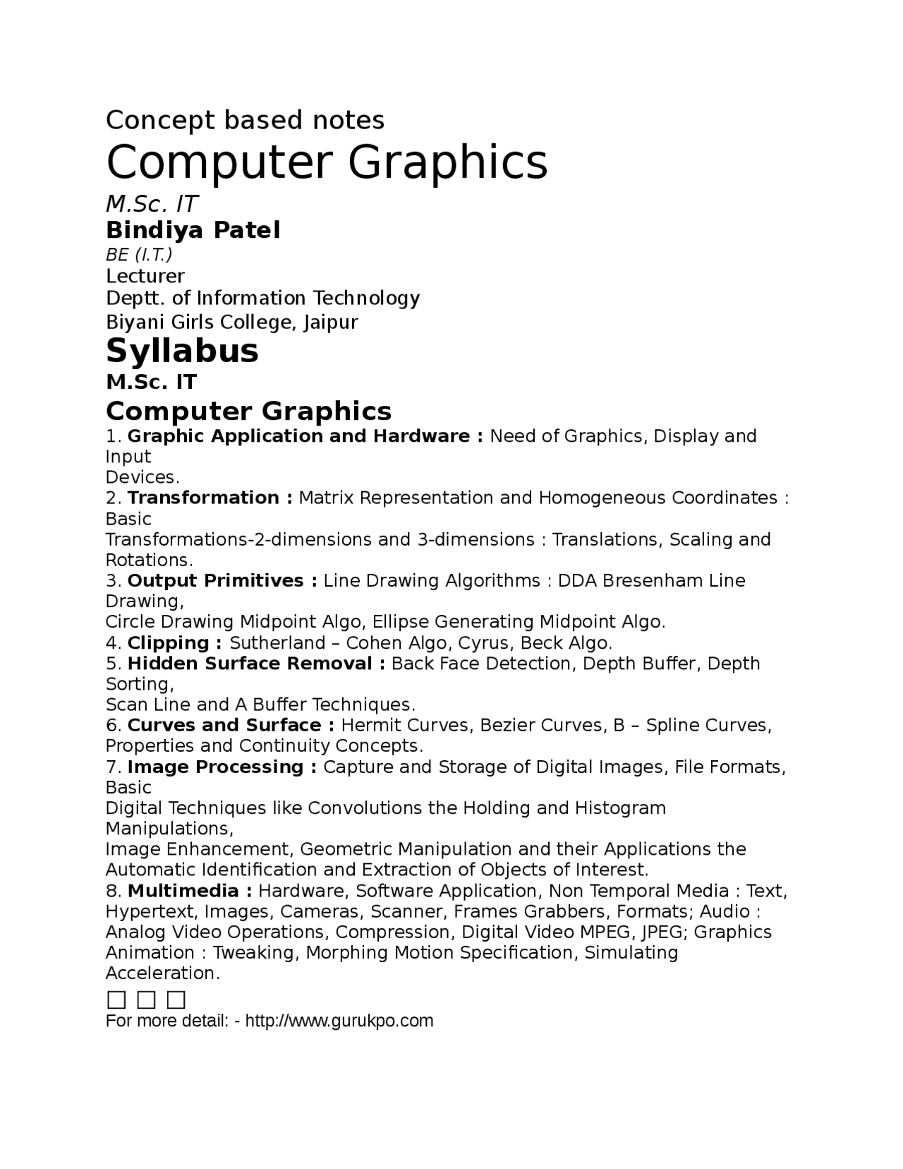 Computer Graphics, lecture notes, UPTU - Docsity