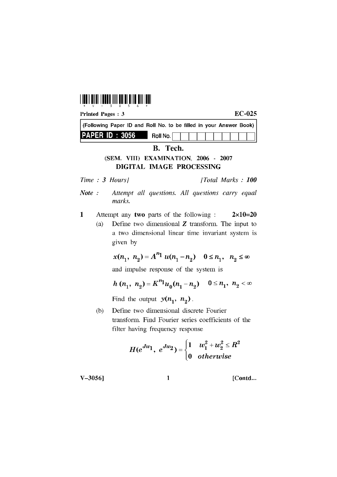 DIGITAL IMAGE PROCESSING, exam paper, UPTU - Docsity