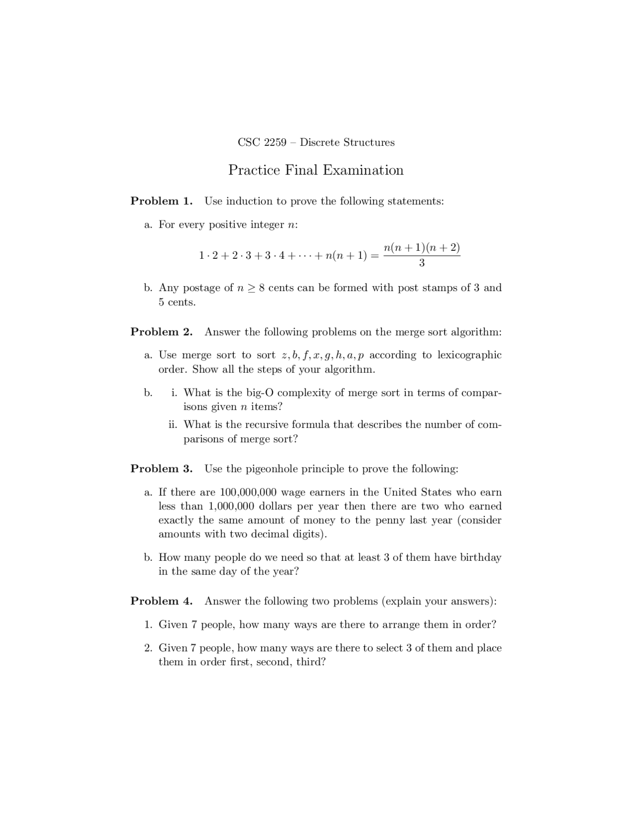 Discrete Structures - Practice Final Exam | CSC 2259 | Study notes ...