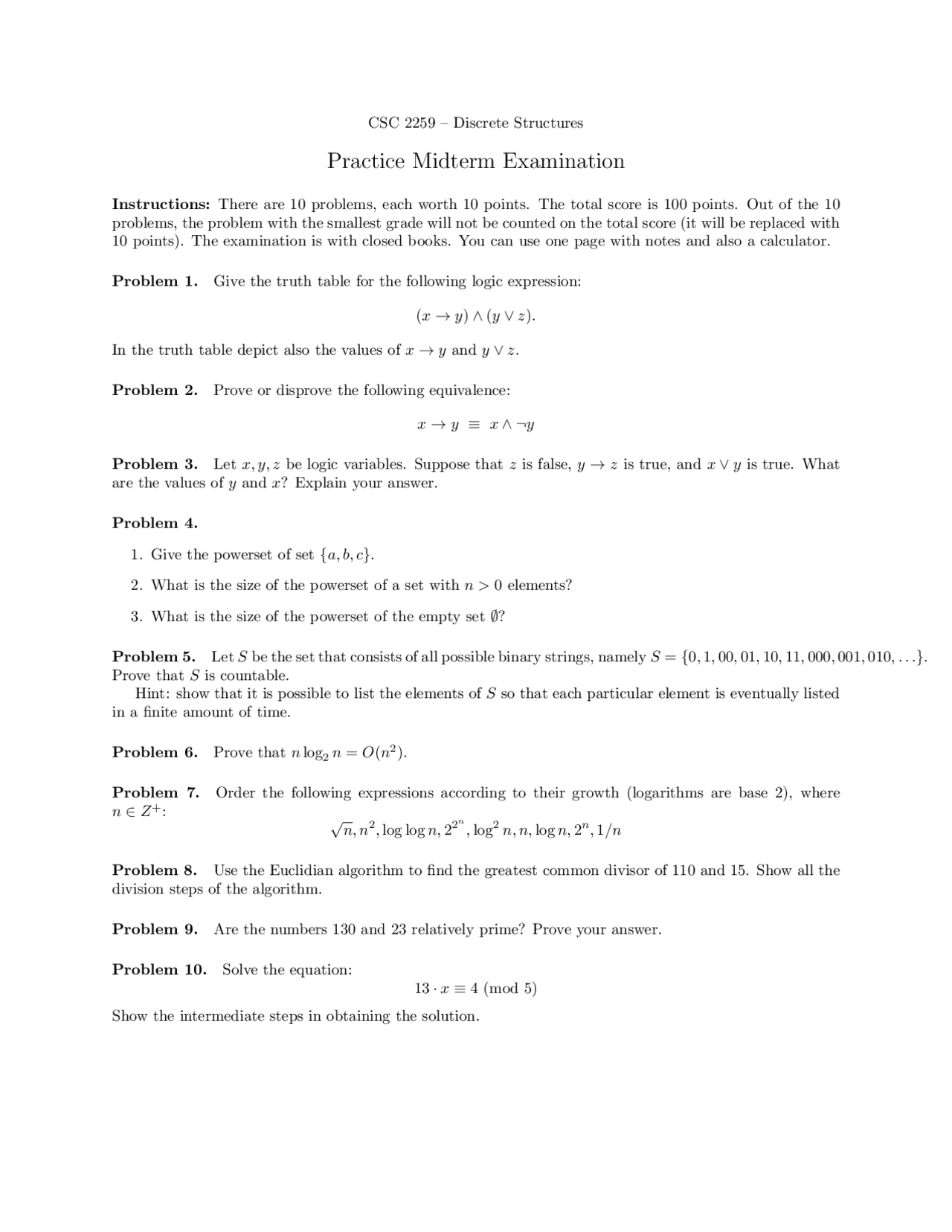 10 Practice Problems on Discrete Mathematics Structures - Midterm Exam ...