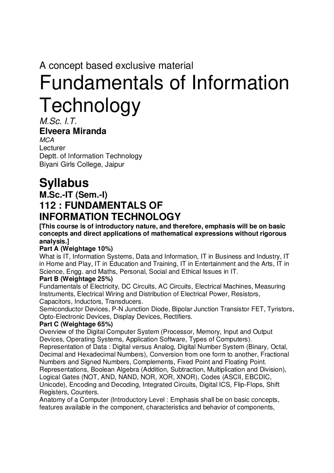 Fundamentals of Information Technology, Lecture Notes, Elveera Miranda ...