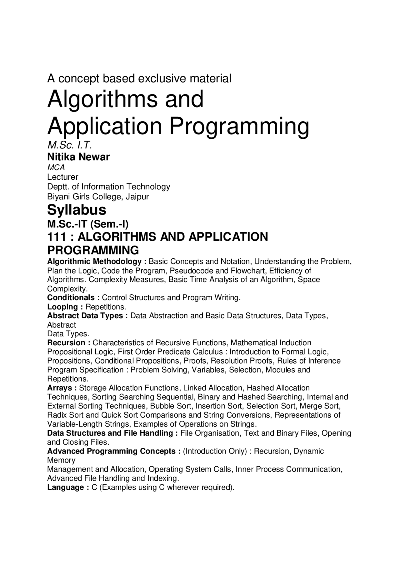 Algorithms and Application Programming, Lecture notes, KUMAR | Study ...