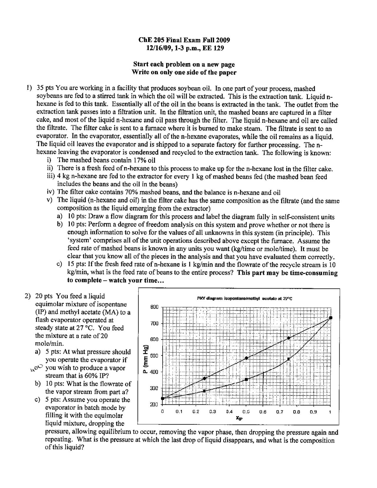 Final Exam - Chemical Engineering Calculations | CHE 20500 - Docsity