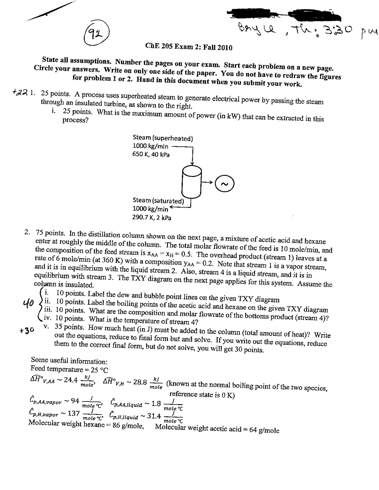 Exam 2 with Solution - Chemical Engineering Calculations | CHE 20500 ...